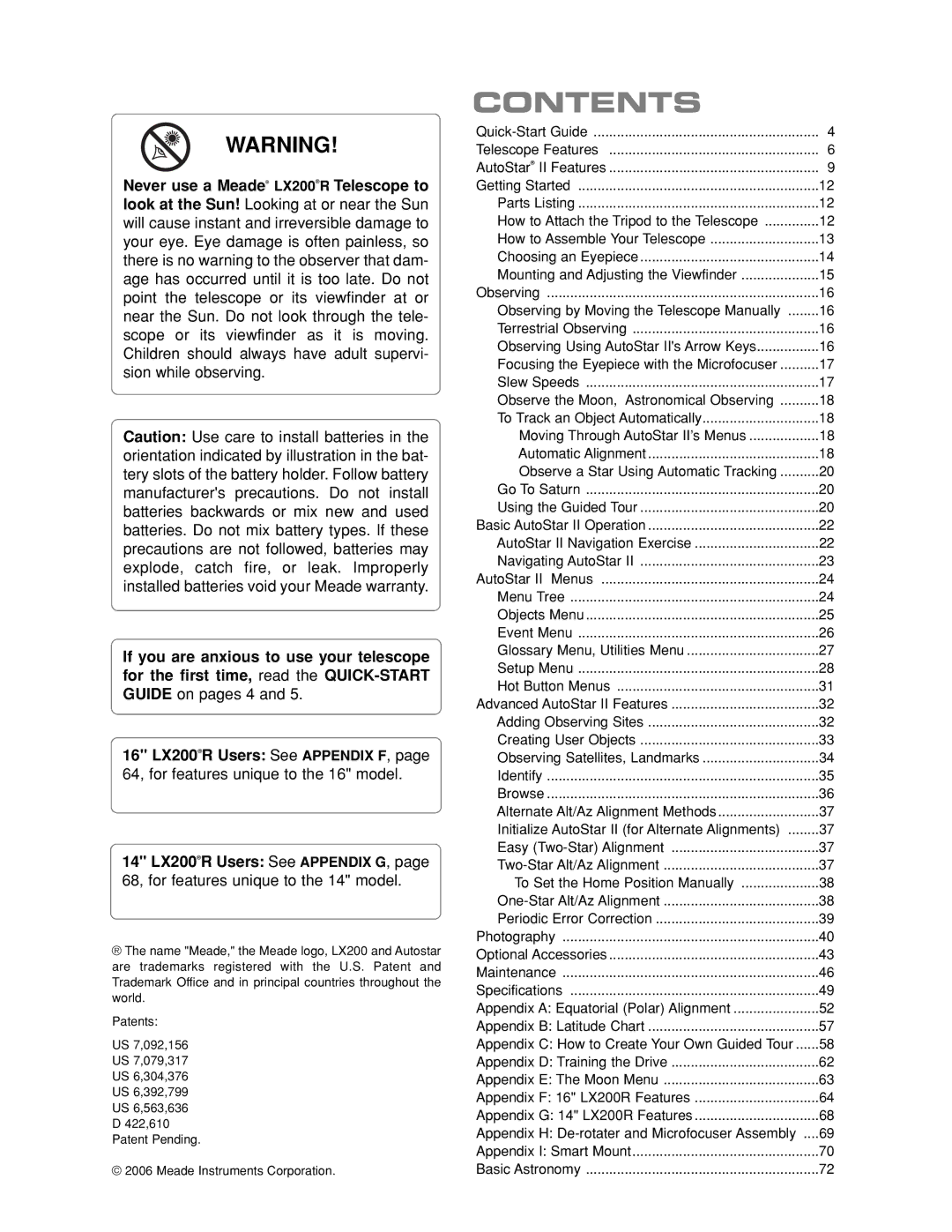 Meade LX200 R instruction manual Contents 