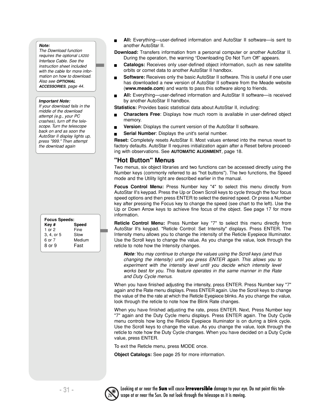 Meade LX200 R instruction manual Hot Button Menus 