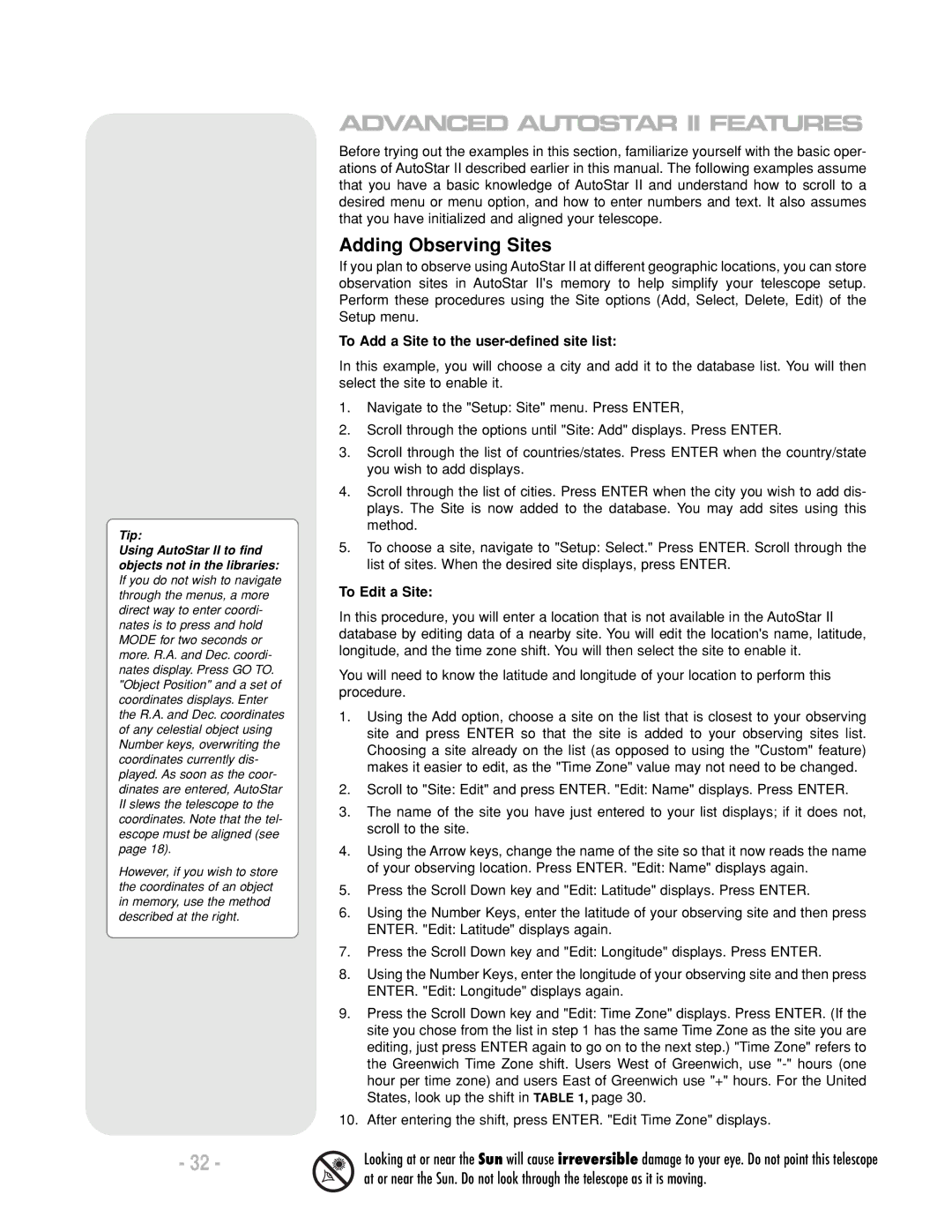 Meade LX200 R instruction manual Adding Observing Sites, To Add a Site to the user-defined site list, To Edit a Site 