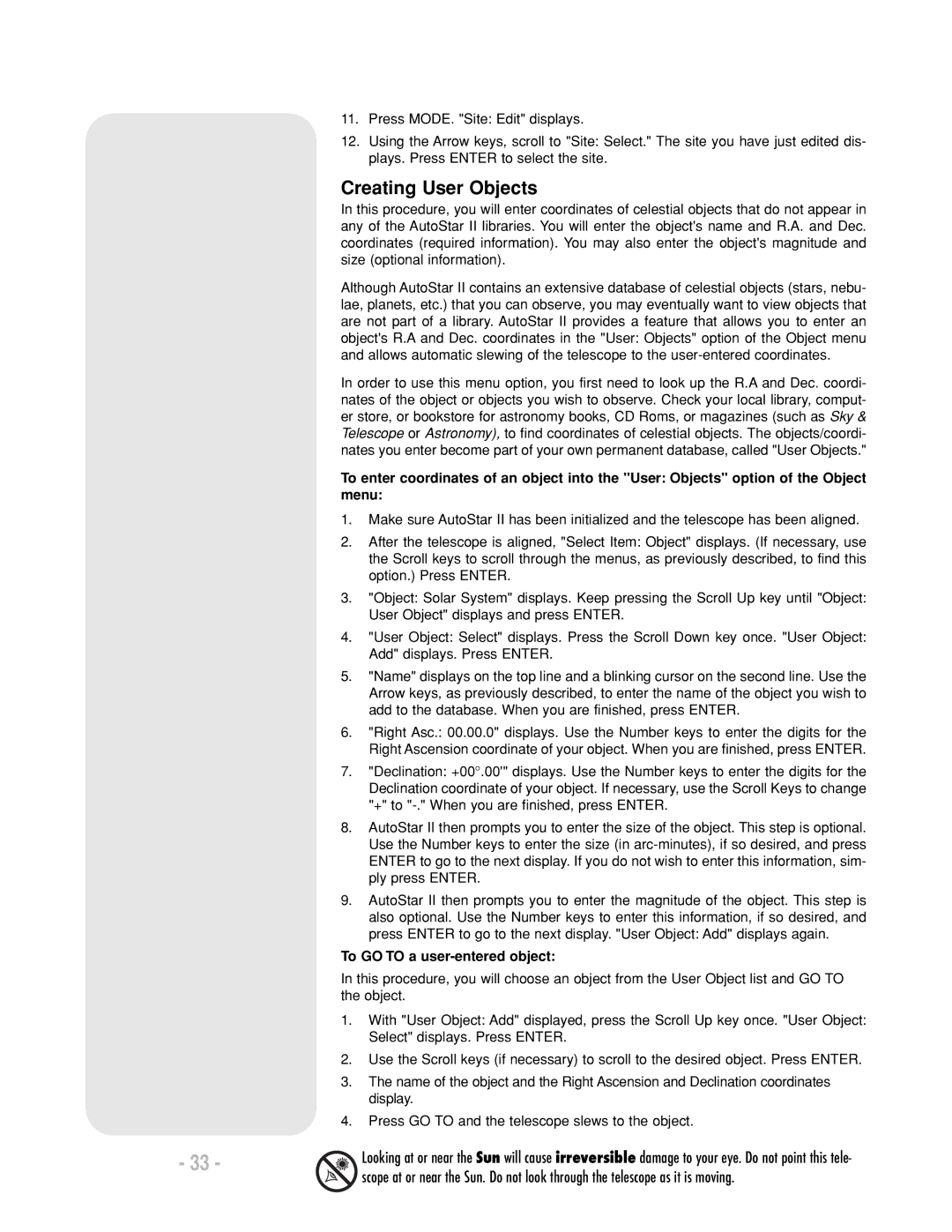 Meade LX200 R instruction manual Creating User Objects, To GO to a user-entered object 