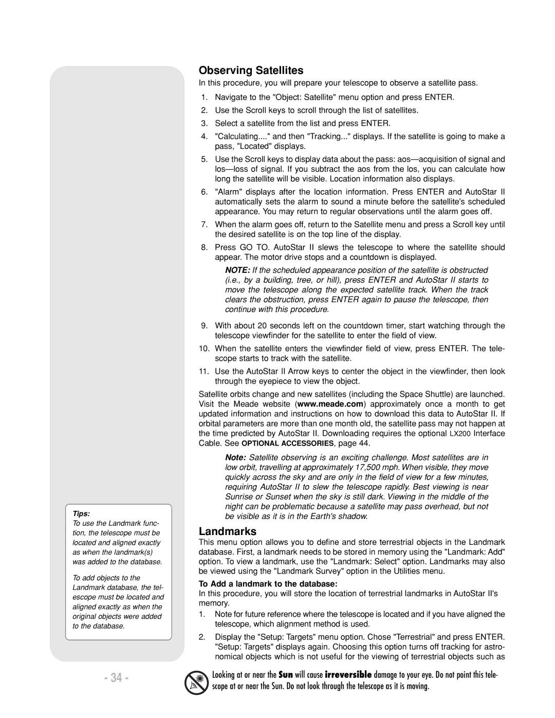 Meade LX200 R instruction manual Observing Satellites, Landmarks, To Add a landmark to the database, Tips 