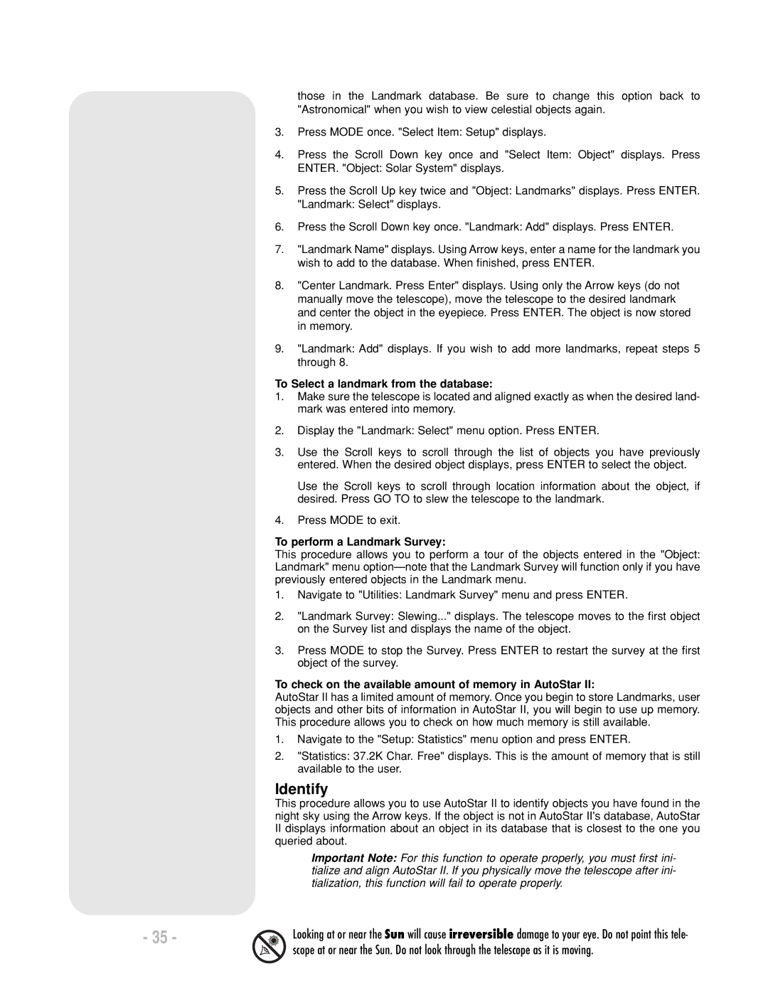 Meade LX200 R instruction manual Identify, To Select a landmark from the database, To perform a Landmark Survey 