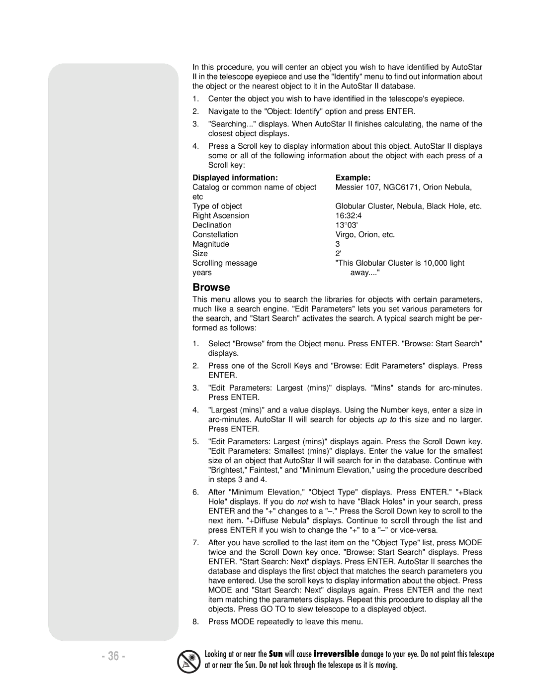 Meade LX200 R instruction manual Browse, Displayed information Example 