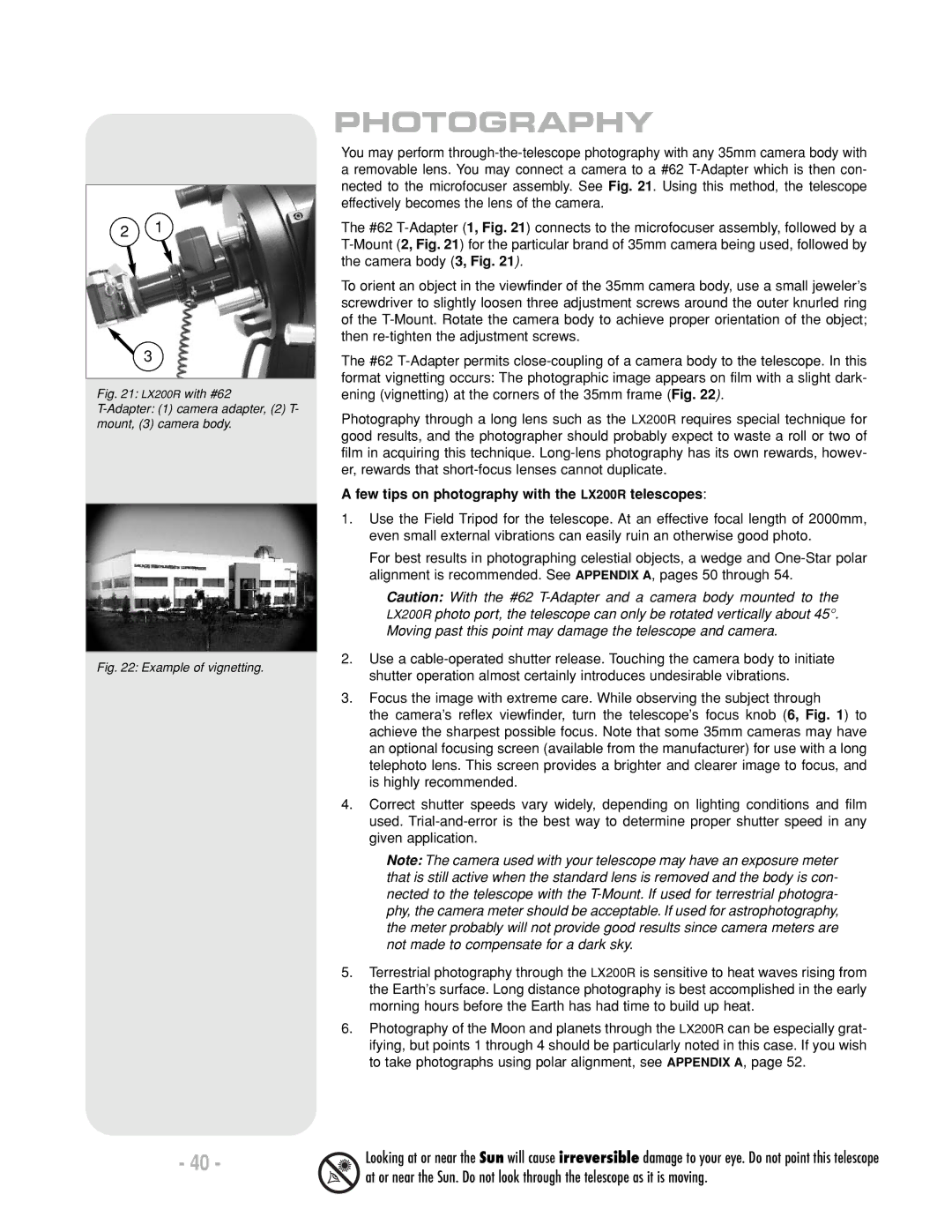 Meade LX200 R instruction manual Photography, Few tips on photography with the LX200R telescopes 