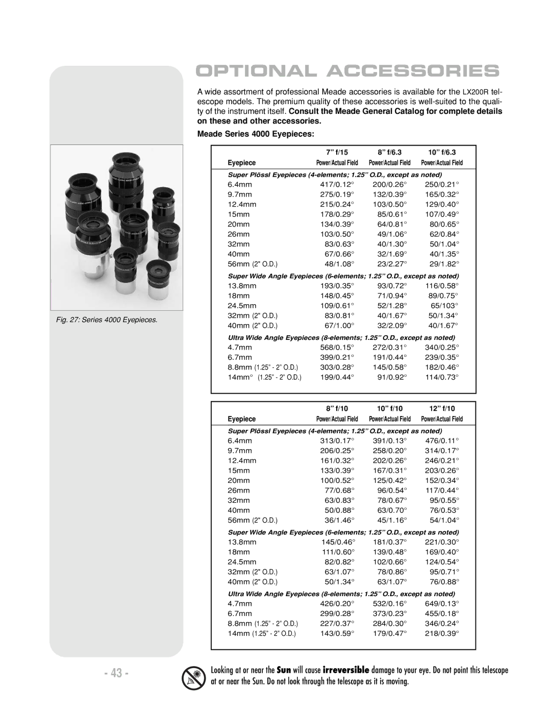 Meade LX200 R instruction manual Optional Accessories, Meade Series 4000 Eyepieces 