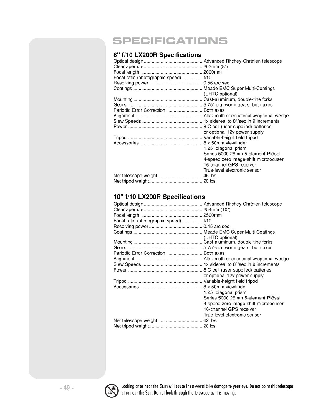 Meade LX200 R instruction manual 10 f/10 LX200R Specifications 