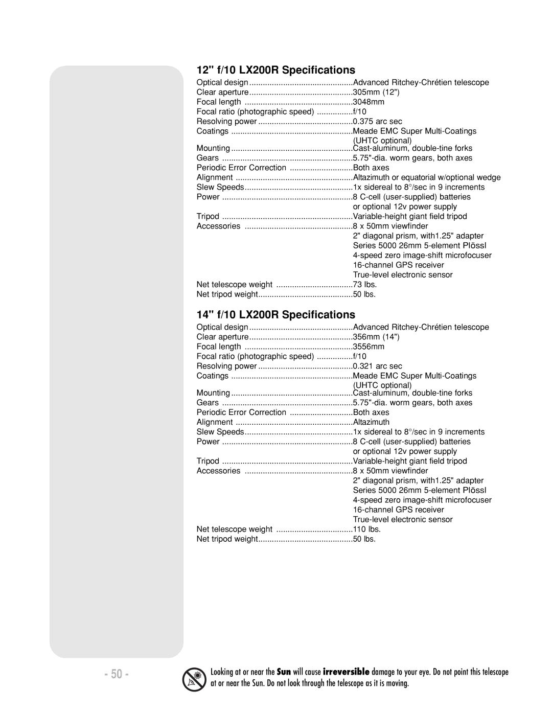 Meade LX200 R instruction manual 12 f/10 LX200R Specifications, 14 f/10 LX200R Specifications 