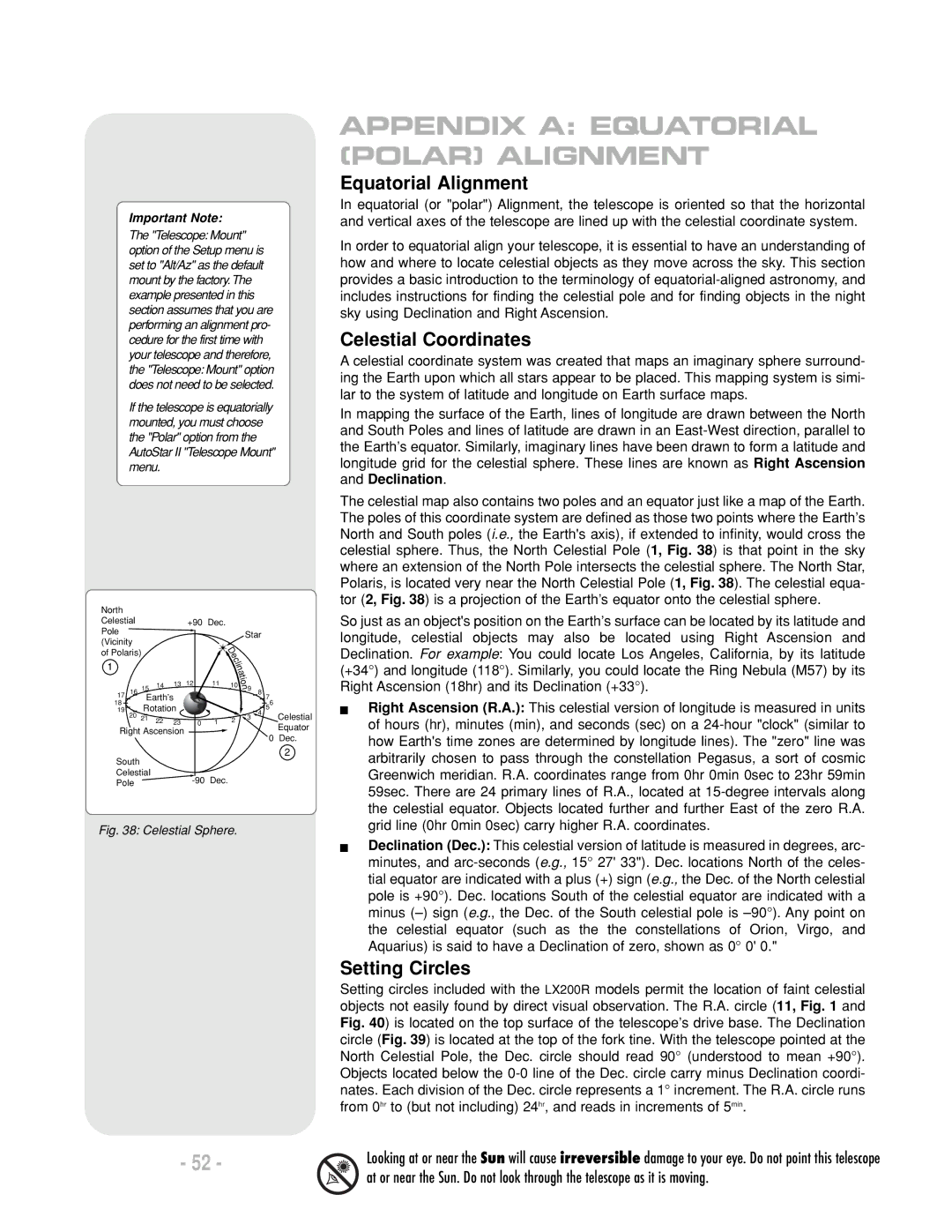 Meade LX200 R instruction manual Equatorial Alignment, Celestial Coordinates, Setting Circles 