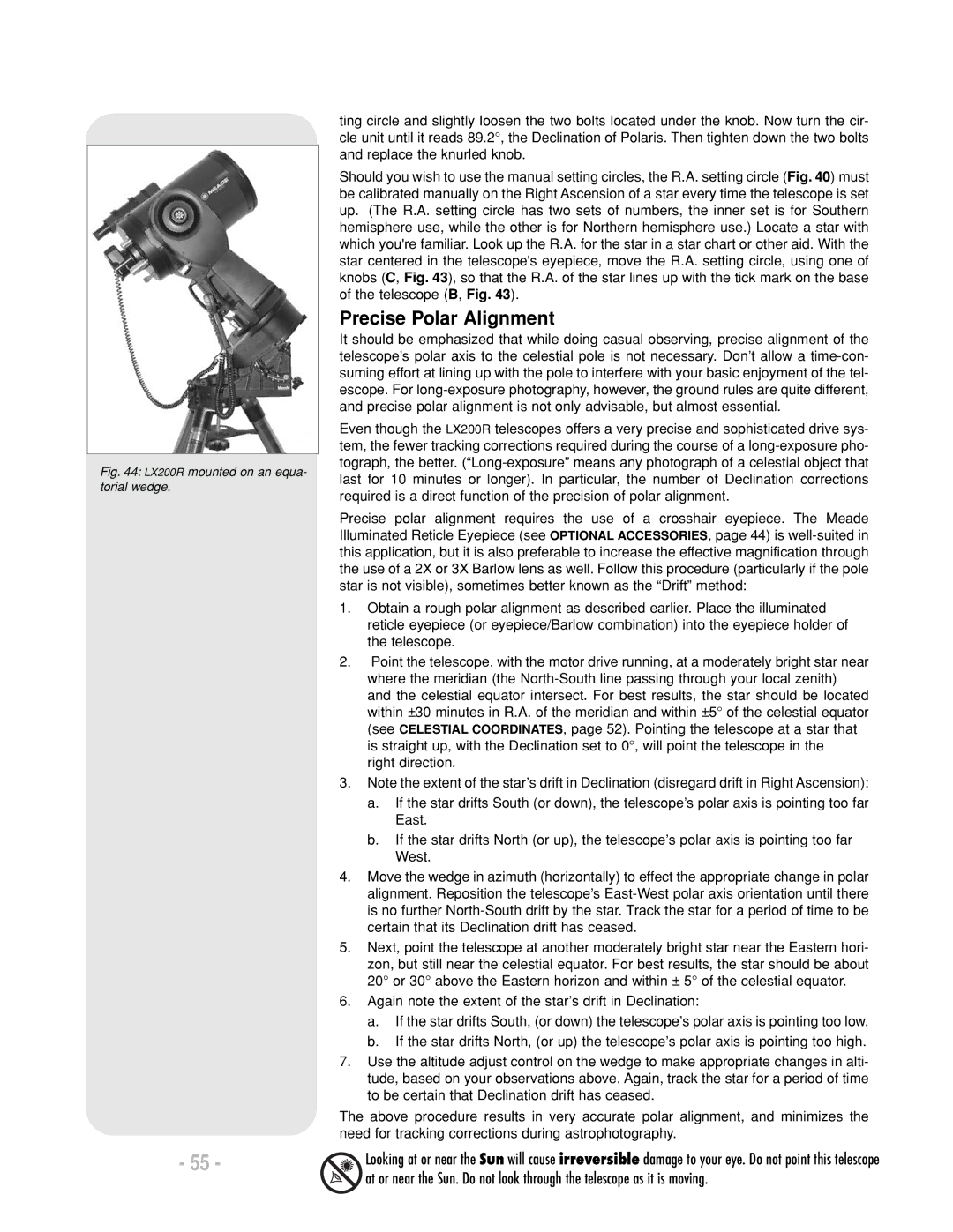 Meade LX200 R instruction manual Precise Polar Alignment, LX200R mounted on an equa- torial wedge 