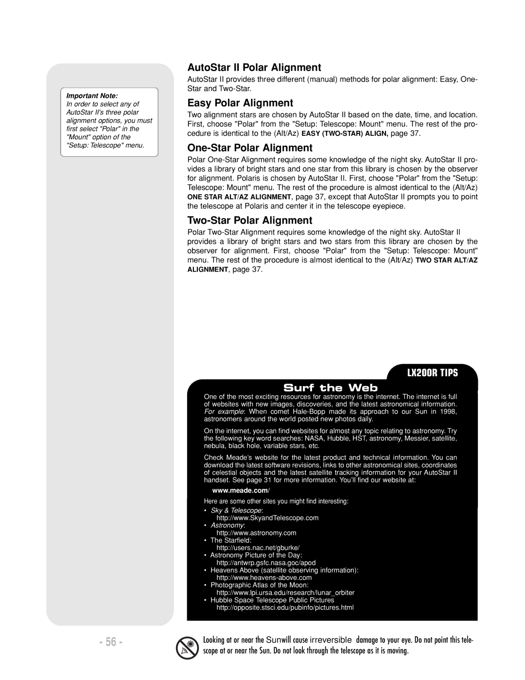 Meade LX200 R AutoStar II Polar Alignment, Easy Polar Alignment, One-Star Polar Alignment, Two-Star Polar Alignment 