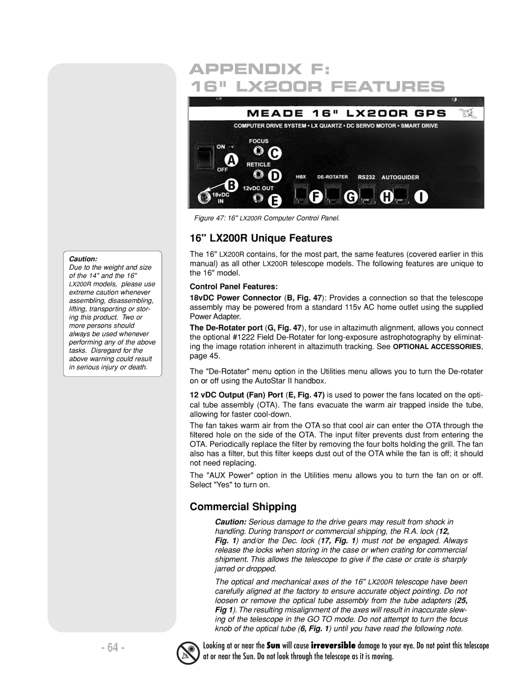 Meade LX200 R instruction manual 16 LX200R Unique Features, Commercial Shipping, Control Panel Features 