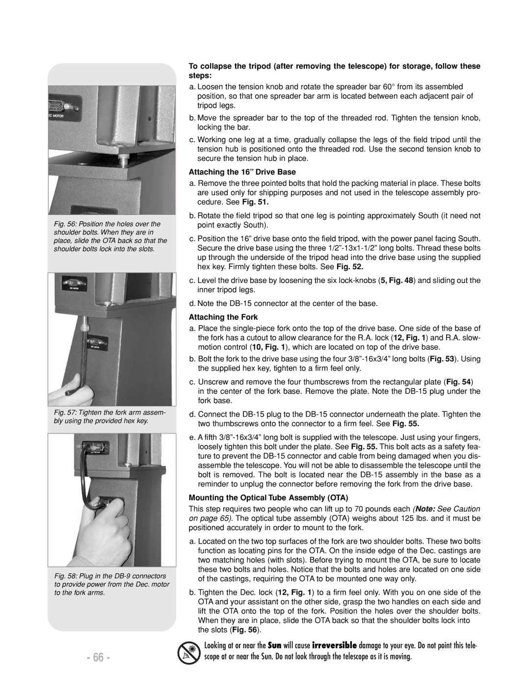 Meade LX200 R instruction manual Attaching the 16 Drive Base, Attaching the Fork, Mounting the Optical Tube Assembly OTA 