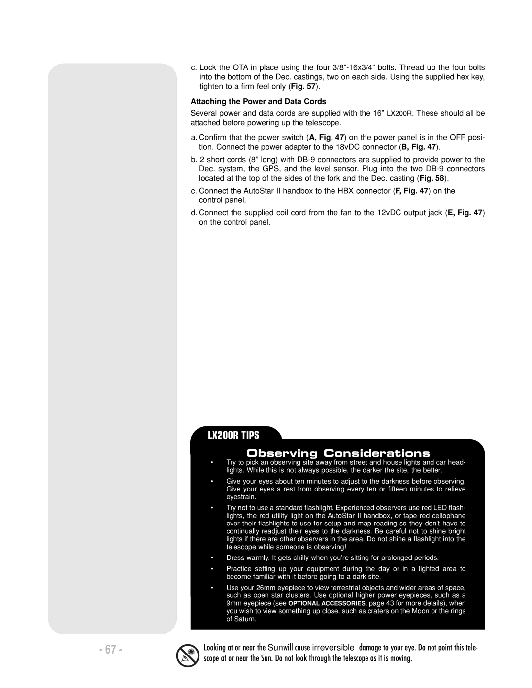 Meade LX200 R instruction manual Observing Considerations, Attaching the Power and Data Cords 