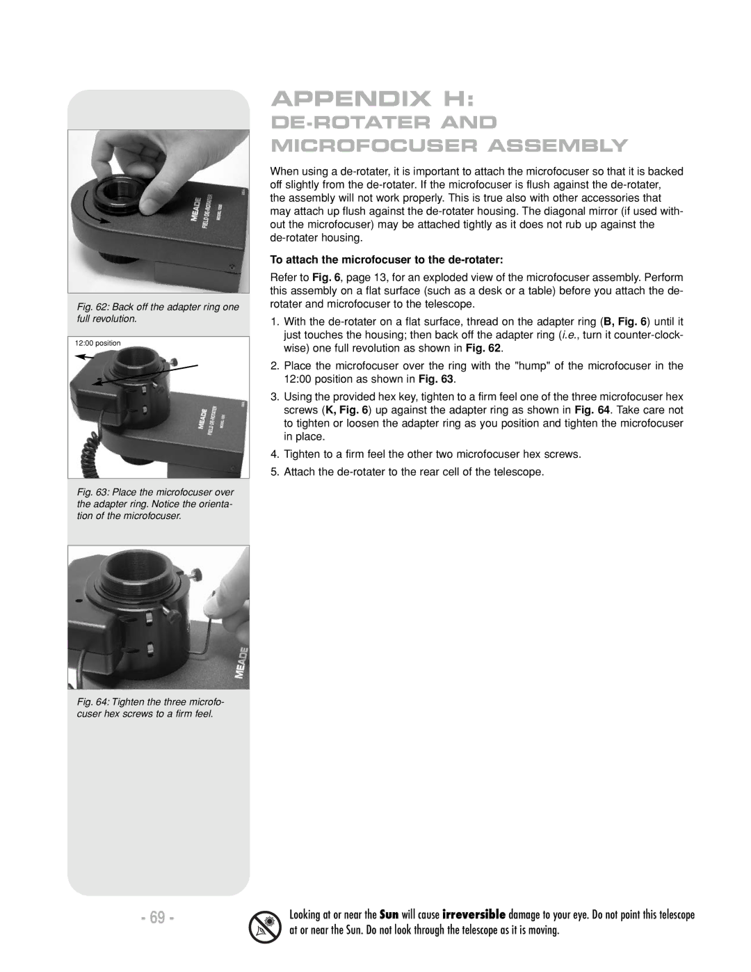 Meade LX200 R instruction manual Appendix H, To attach the microfocuser to the de-rotater 