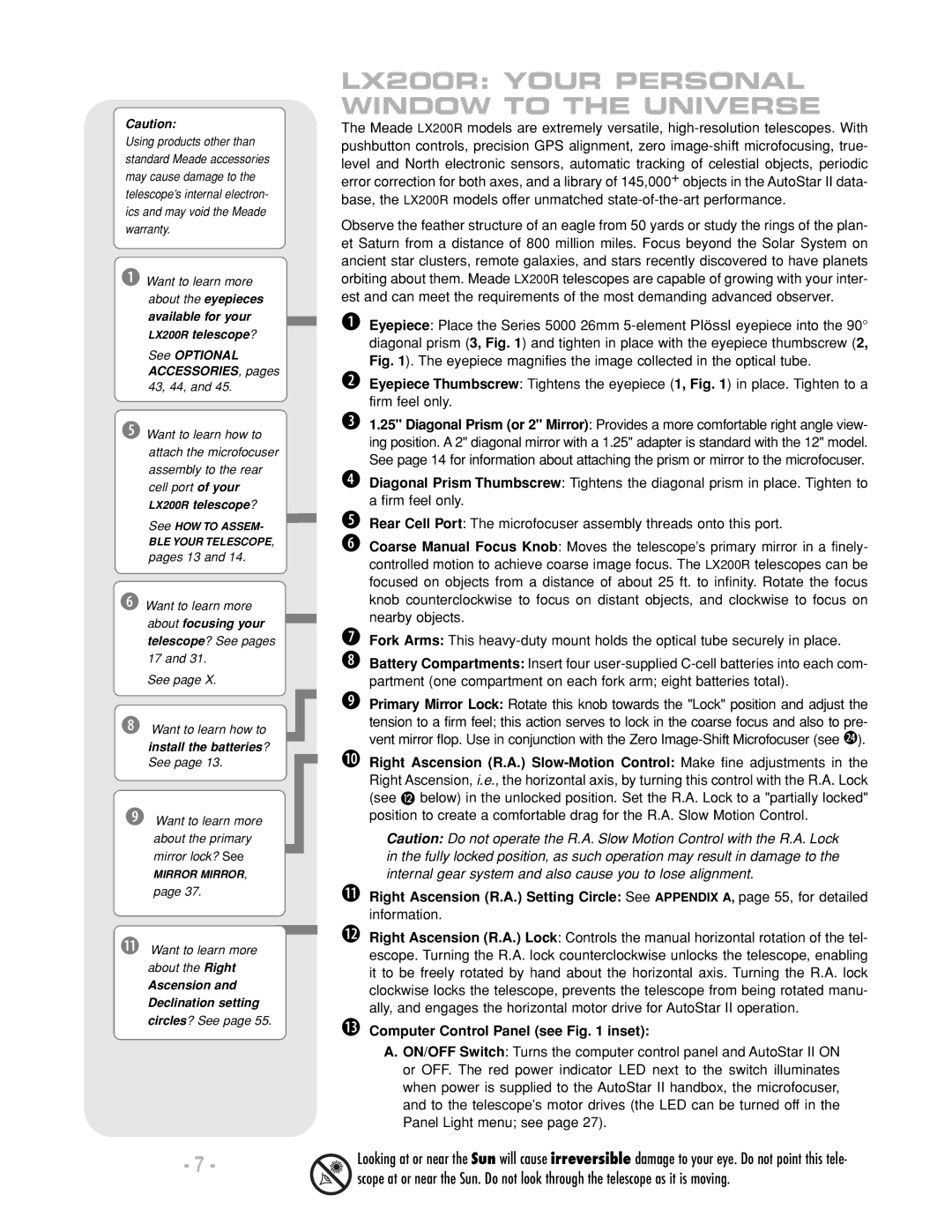 Meade LX200 R # Computer Control Panel see inset, See Optional ACCESSORIES, pages 43, 44, Ascension Declination setting 