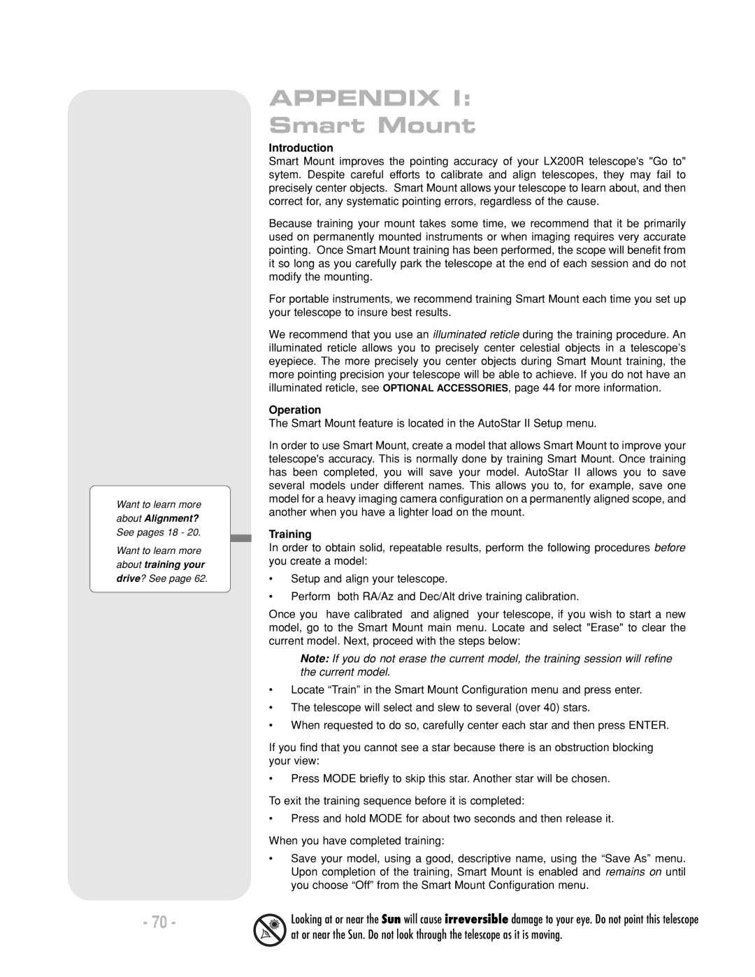 Meade LX200 R Appendix, Introduction, Operation, Training, Want to learn more about Alignment? See pages 18 