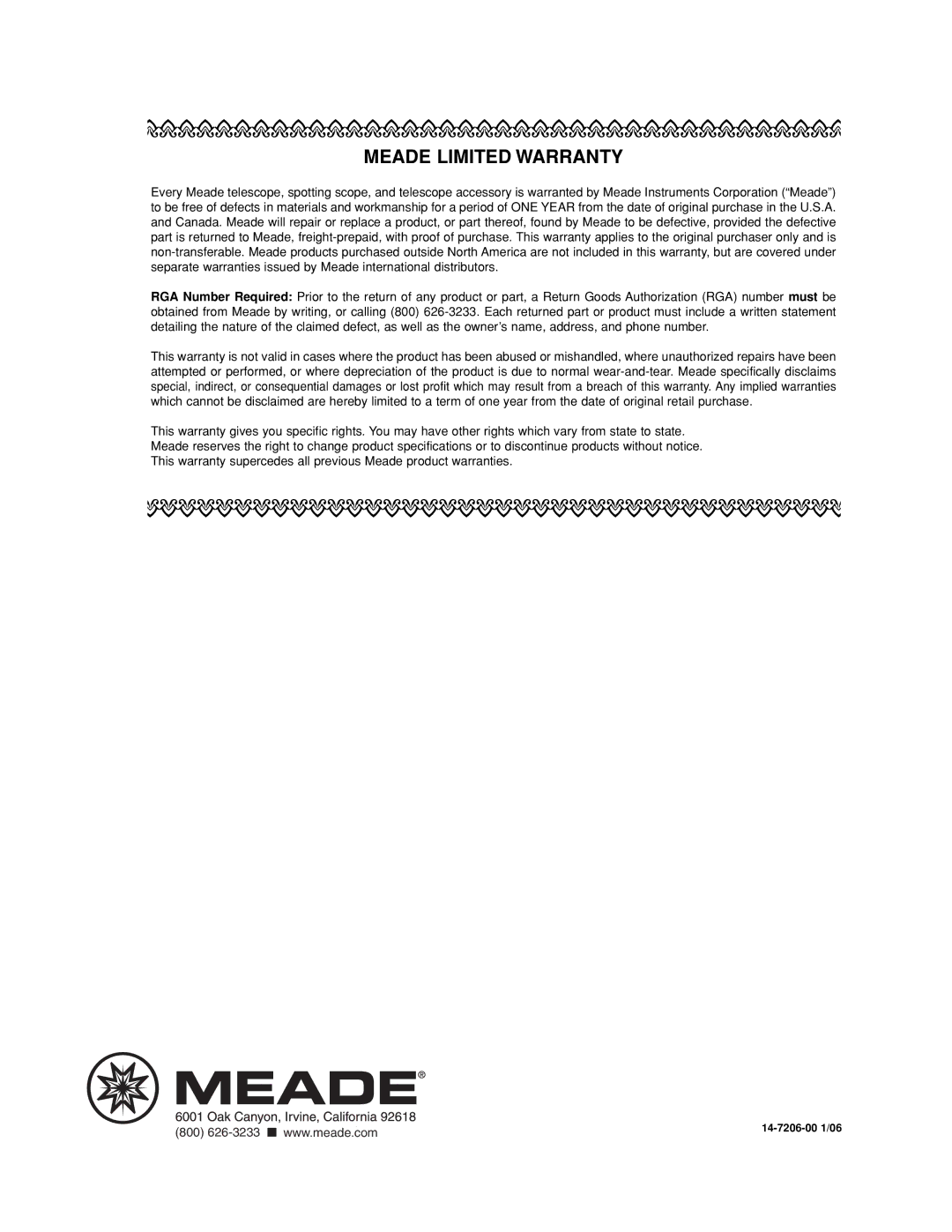 Meade LX200 R instruction manual Meade Limited Warranty 