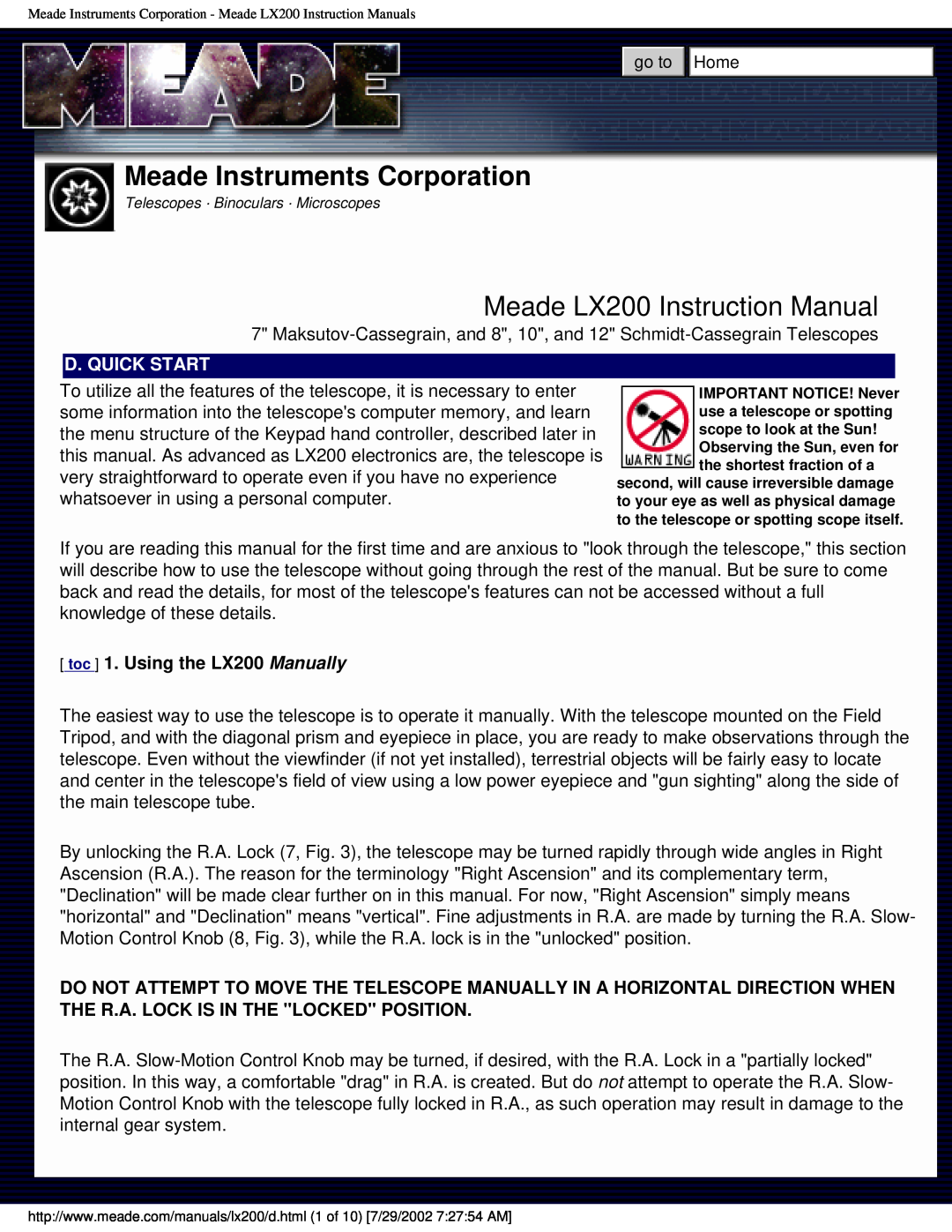 Meade Meade Instruments Corporation, Meade LX200 Instruction Manual, D. Quick Start, toc 1. Using the LX200 Manually 