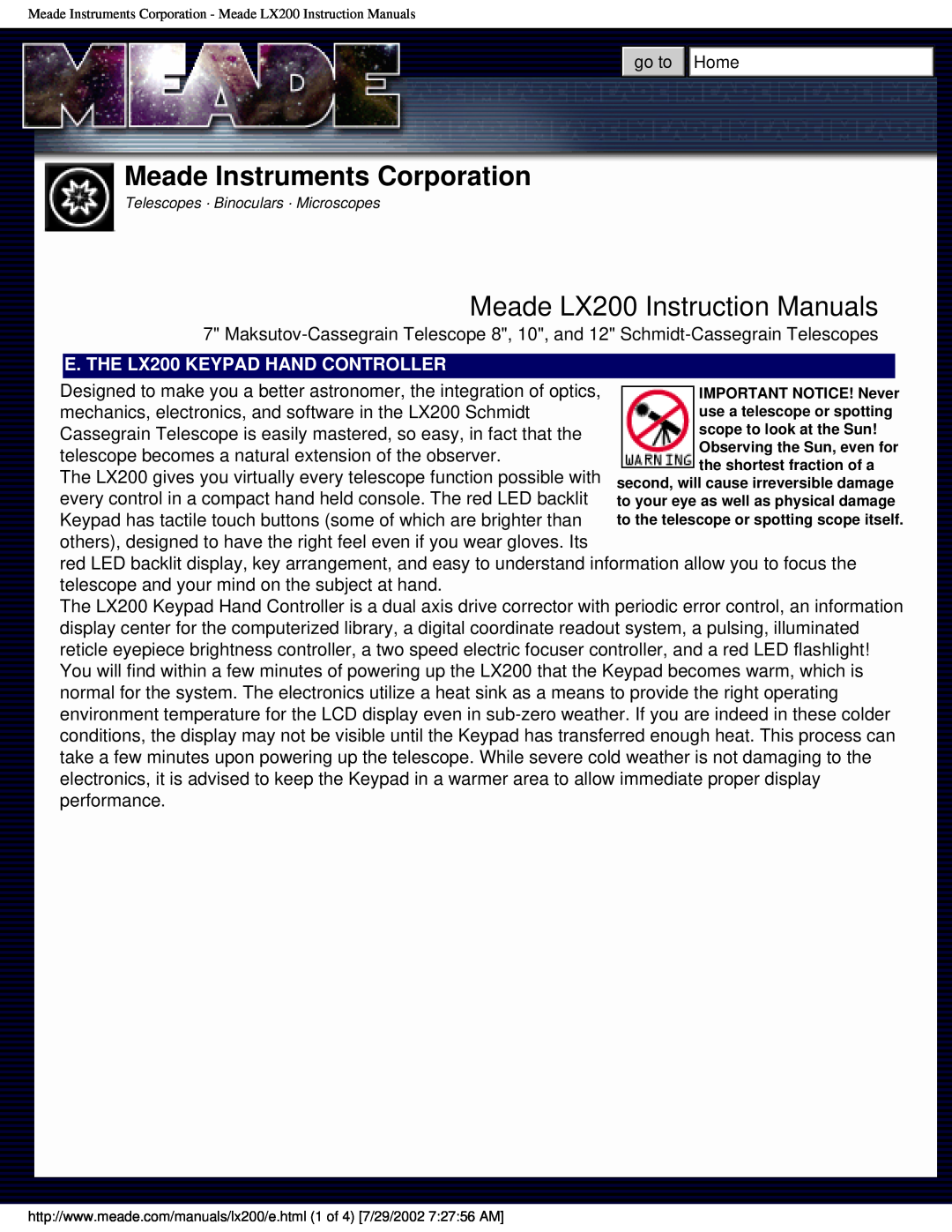 Meade Meade LX200 Instruction Manuals, Meade Instruments Corporation, E. THE LX200 KEYPAD HAND CONTROLLER 