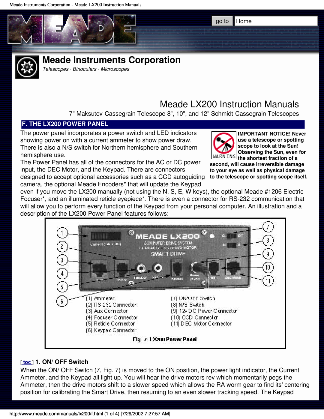Meade Meade Instruments Corporation, Meade LX200 Instruction Manuals, F. THE LX200 POWER PANEL, toc 1. ON/ OFF Switch 