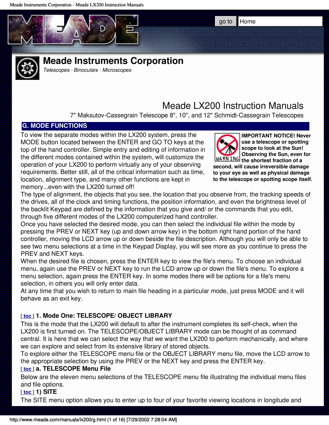 Meade Meade Instruments Corporation, Meade LX200 Instruction Manuals, G. Mode Functions, toc a. TELESCOPE Menu File 