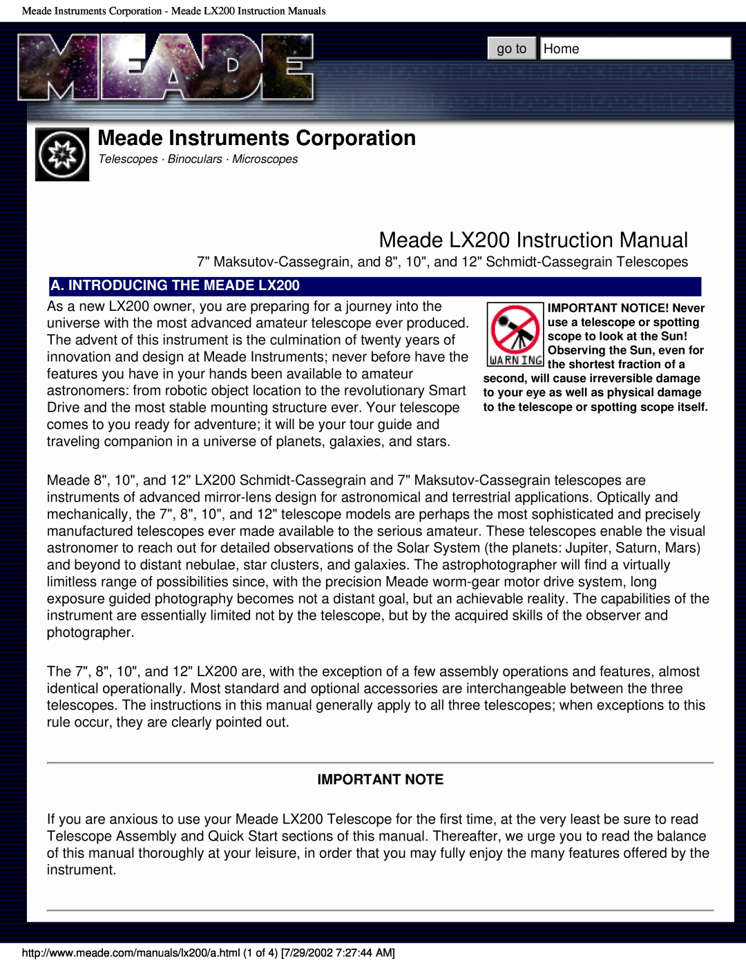 Meade Meade Instruments Corporation, Meade LX200 Instruction Manual, A. INTRODUCING THE MEADE LX200, Important Note 