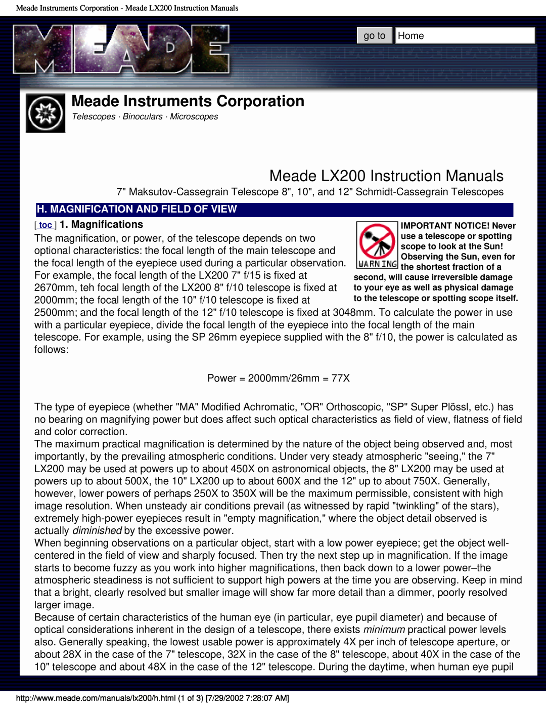 Meade LX200 instruction manual Meade Instruments Corporation, Power = 2000mm/26mm = 