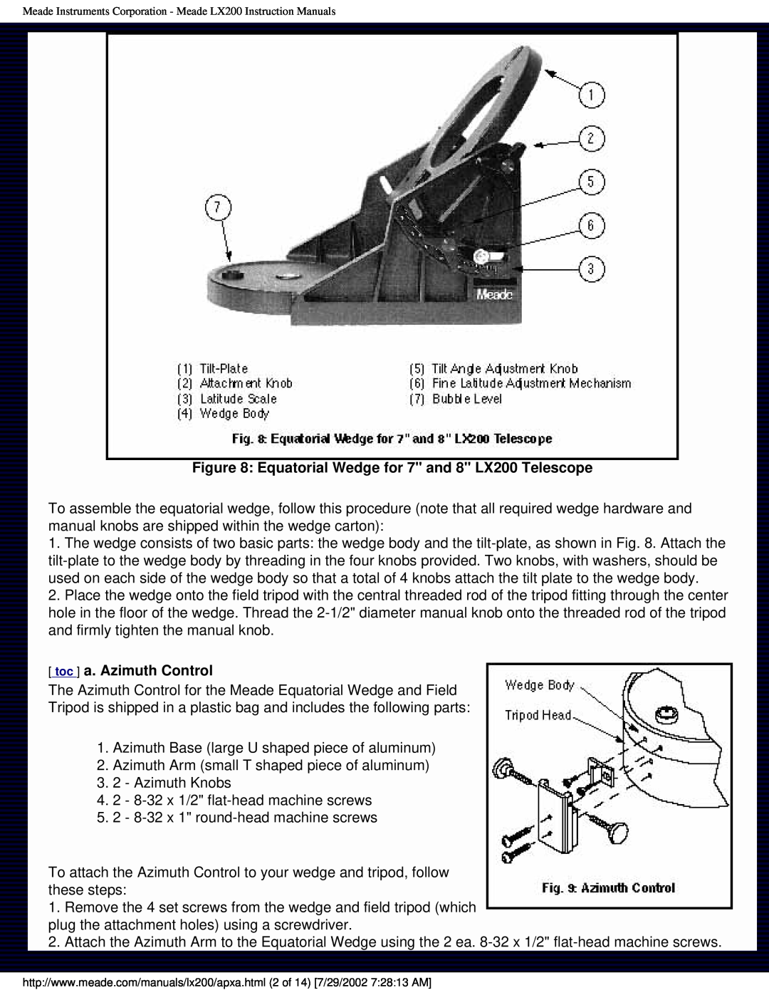 Meade LX200 instruction manual toc a. Azimuth Control 
