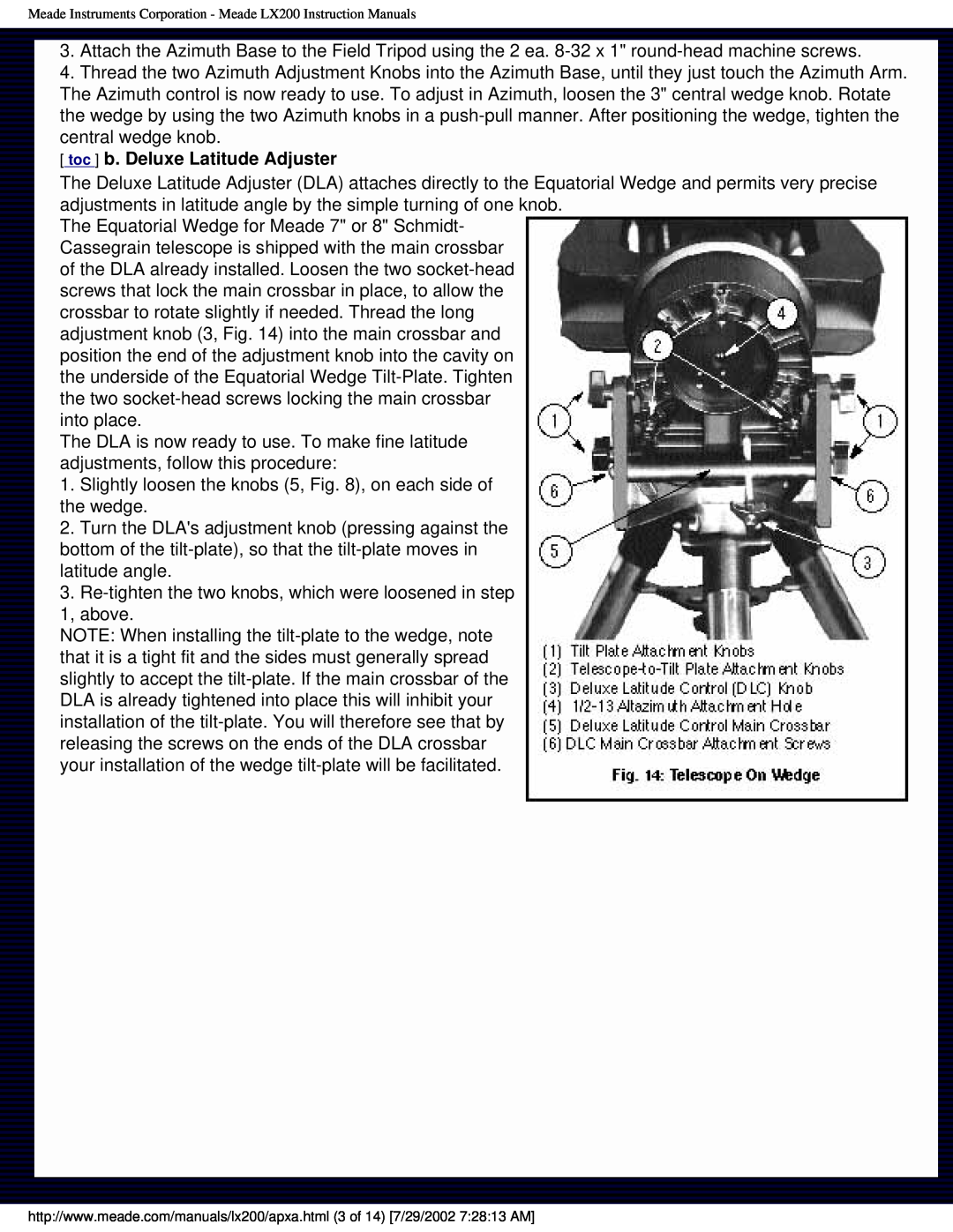 Meade LX200 instruction manual toc b. Deluxe Latitude Adjuster 