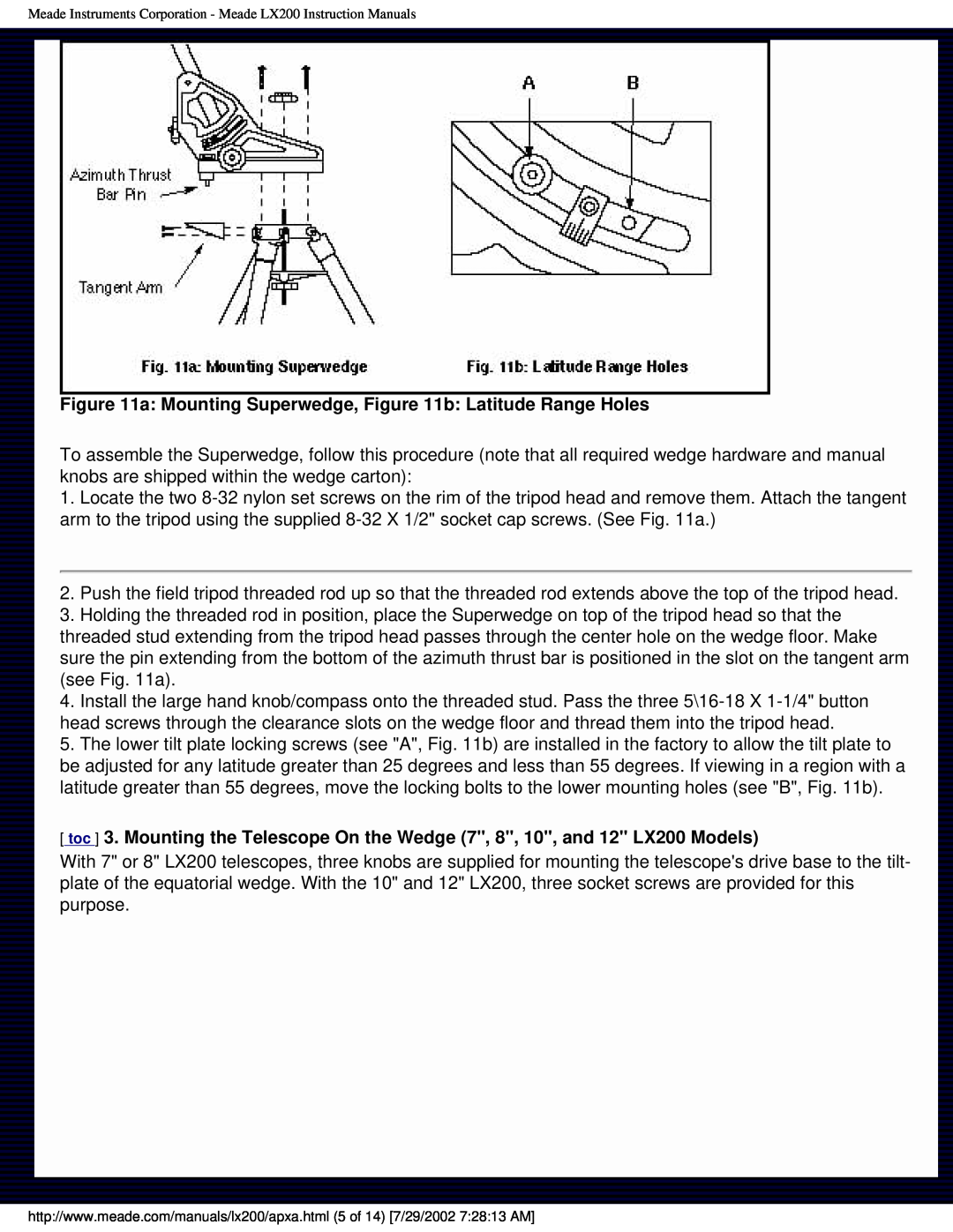Meade LX200 instruction manual a: Mounting Superwedge, b: Latitude Range Holes 