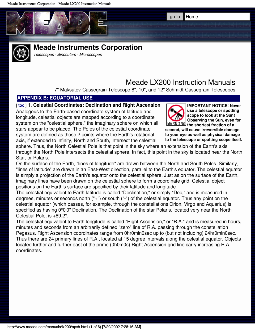 Meade instruction manual Meade Instruments Corporation, Meade LX200 Instruction Manuals, Appendix B: Equatorial Use 
