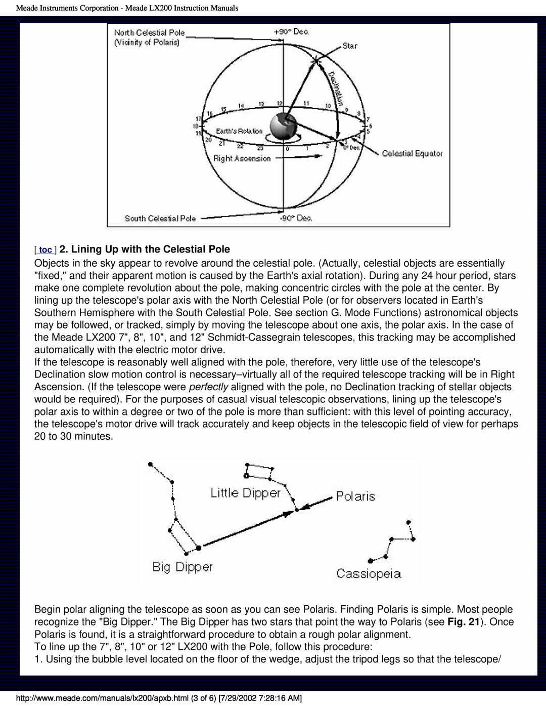 Meade LX200 instruction manual toc 2. Lining Up with the Celestial Pole 