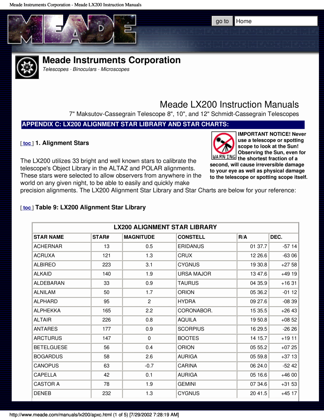 Meade instruction manual Meade Instruments Corporation, Meade LX200 Instruction Manuals, toc 1. Alignment Stars 