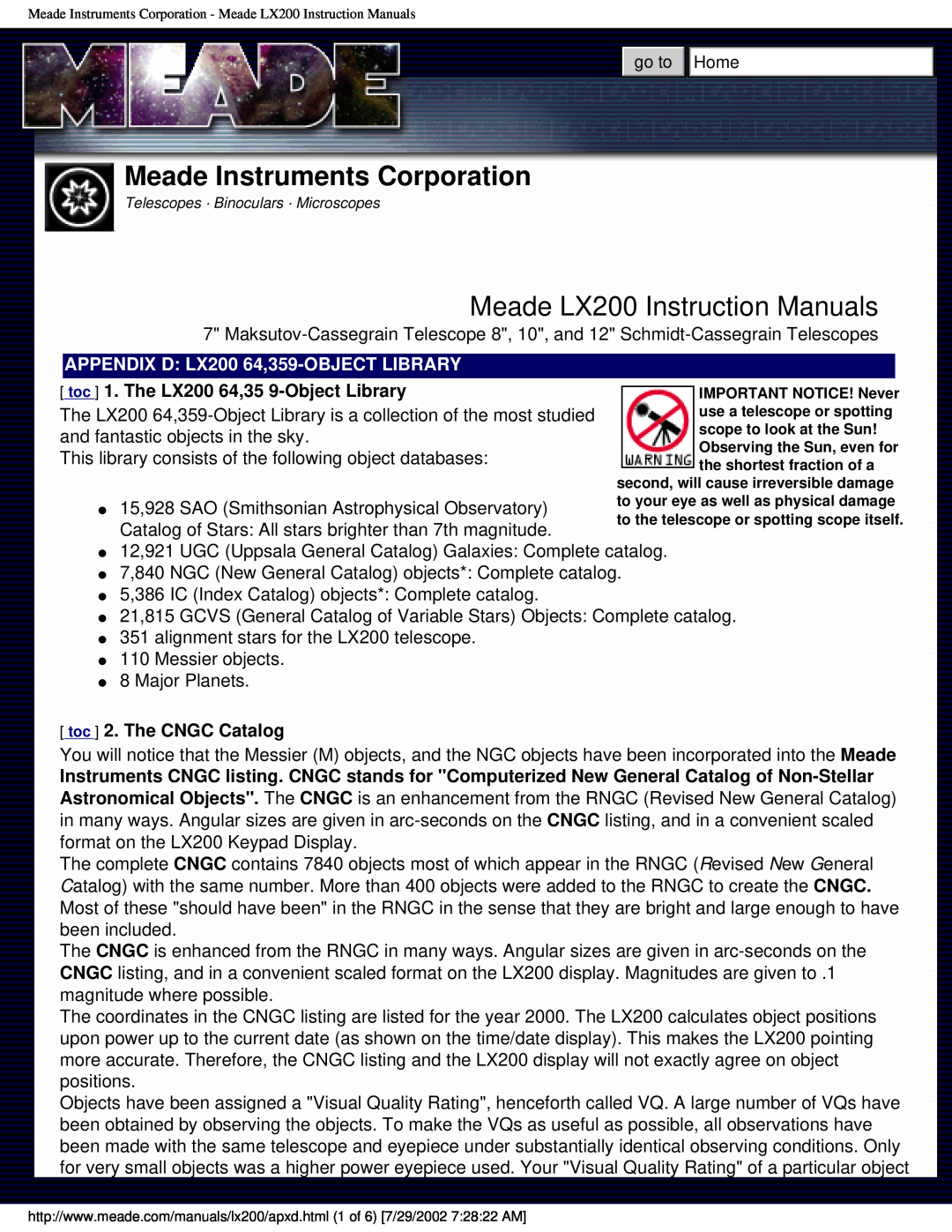 Meade instruction manual Meade Instruments Corporation, Meade LX200 Instruction Manuals, toc 2. The CNGC Catalog 