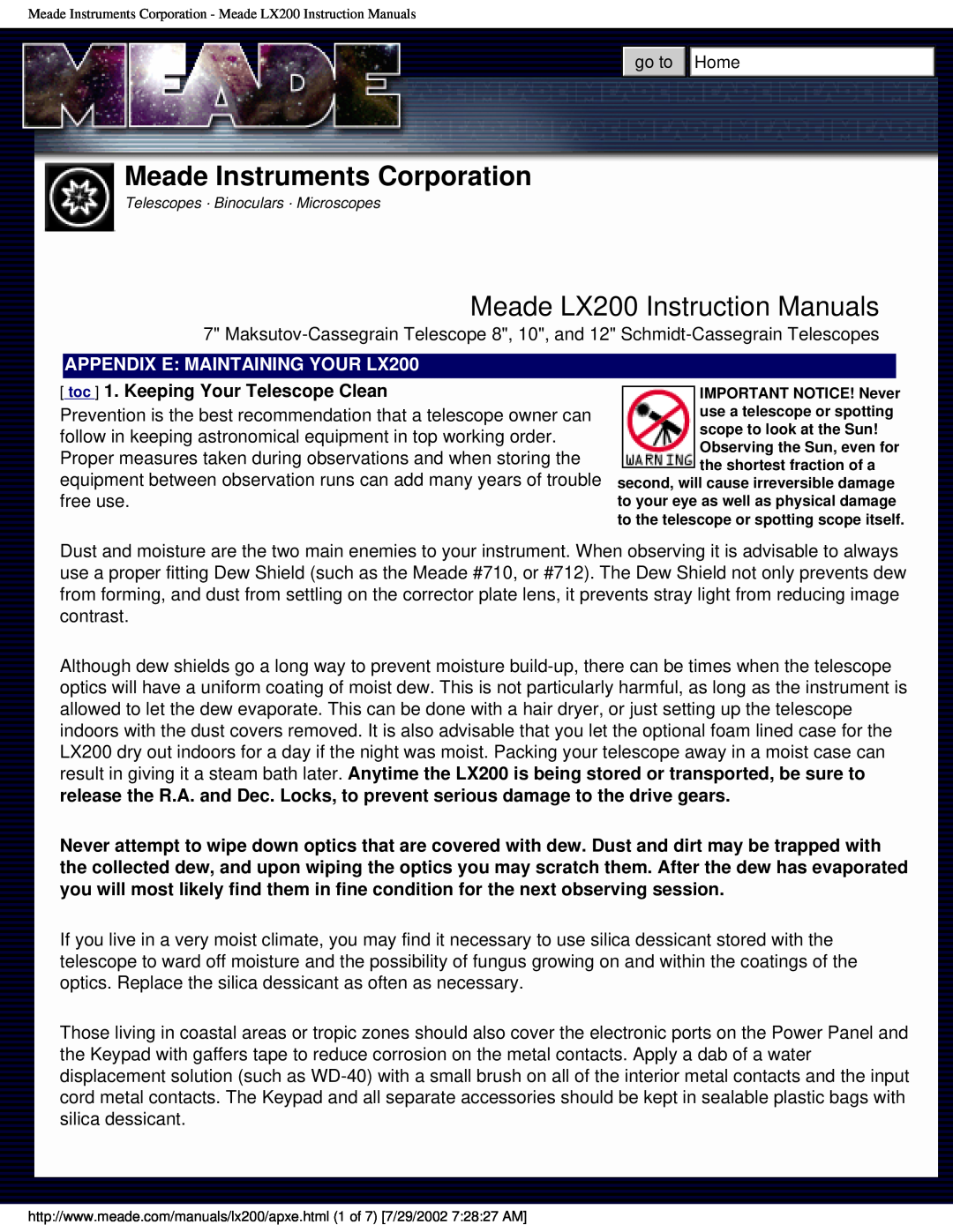 Meade instruction manual Meade Instruments Corporation, Meade LX200 Instruction Manuals 