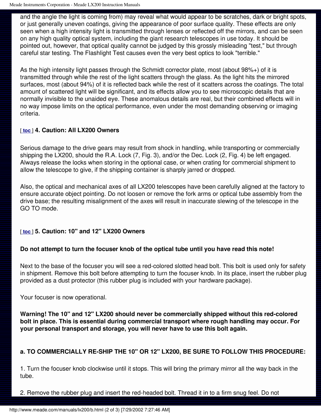 Meade instruction manual Toc 4. Caution All LX200 Owners 