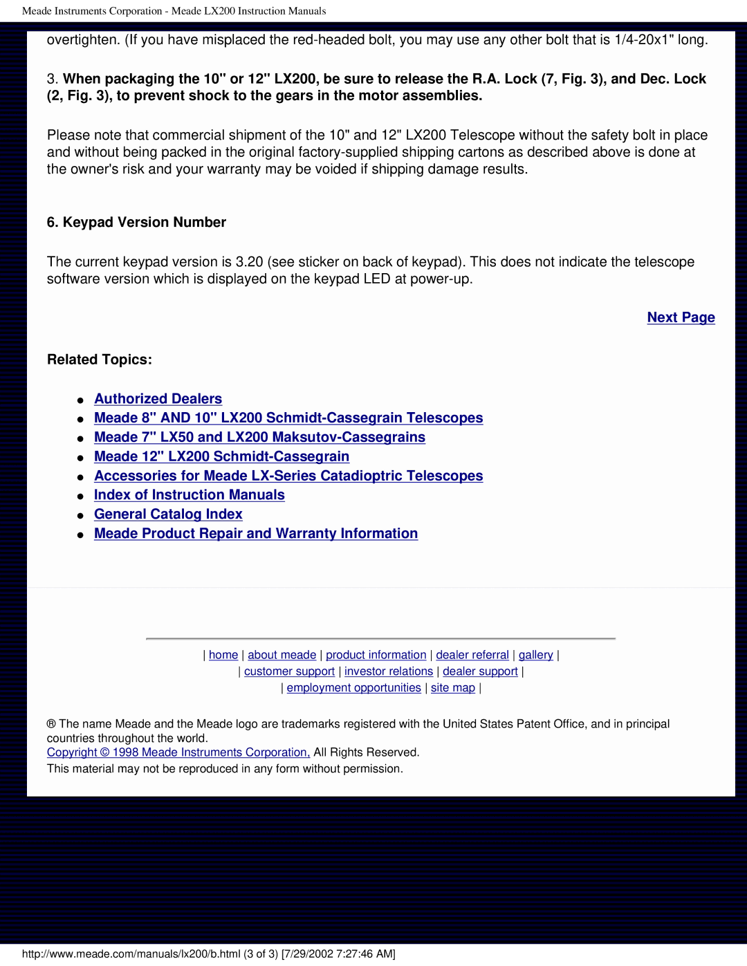 Meade LX200 instruction manual Keypad Version Number, Related Topics 