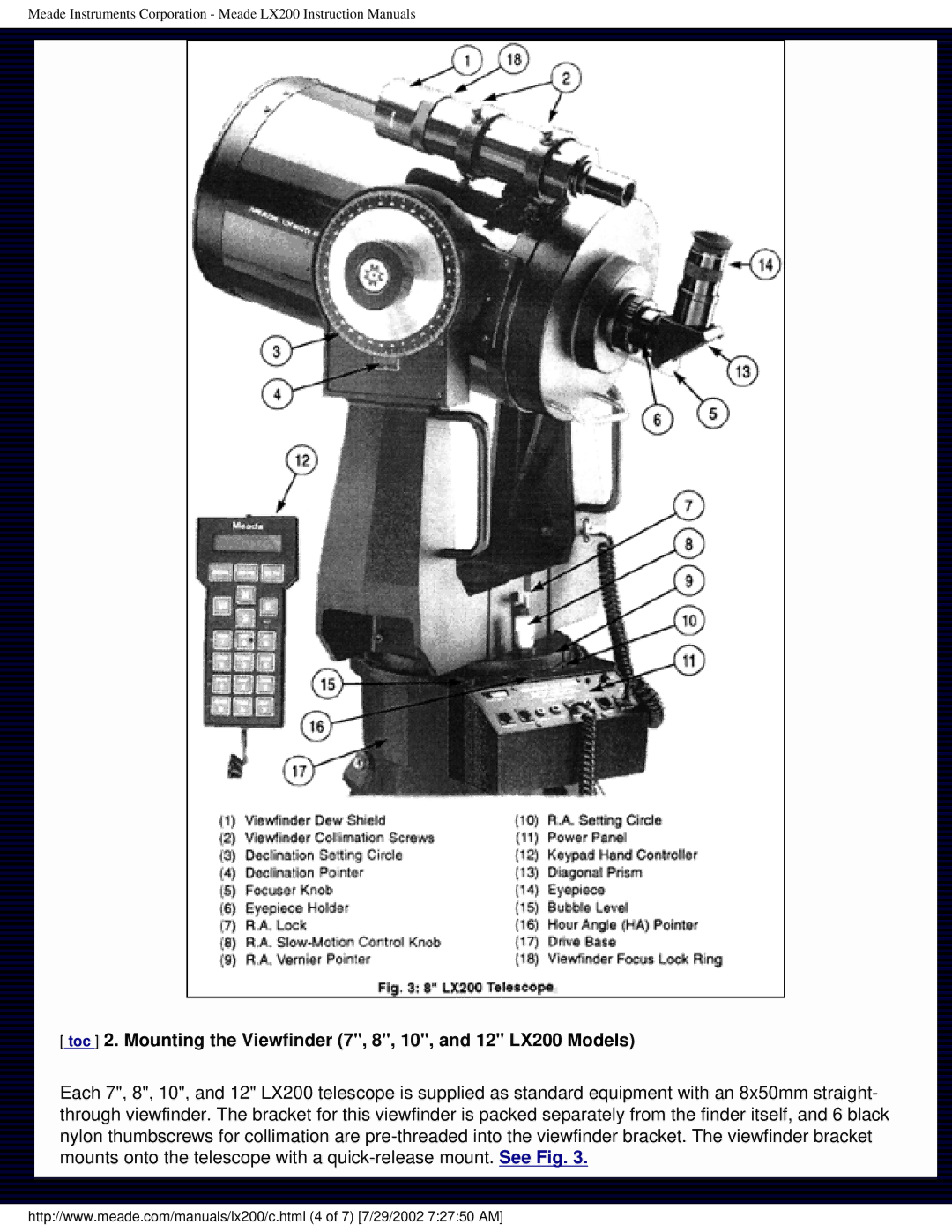 Meade instruction manual Toc 2. Mounting the Viewfinder 7, 8, 10, and 12 LX200 Models 