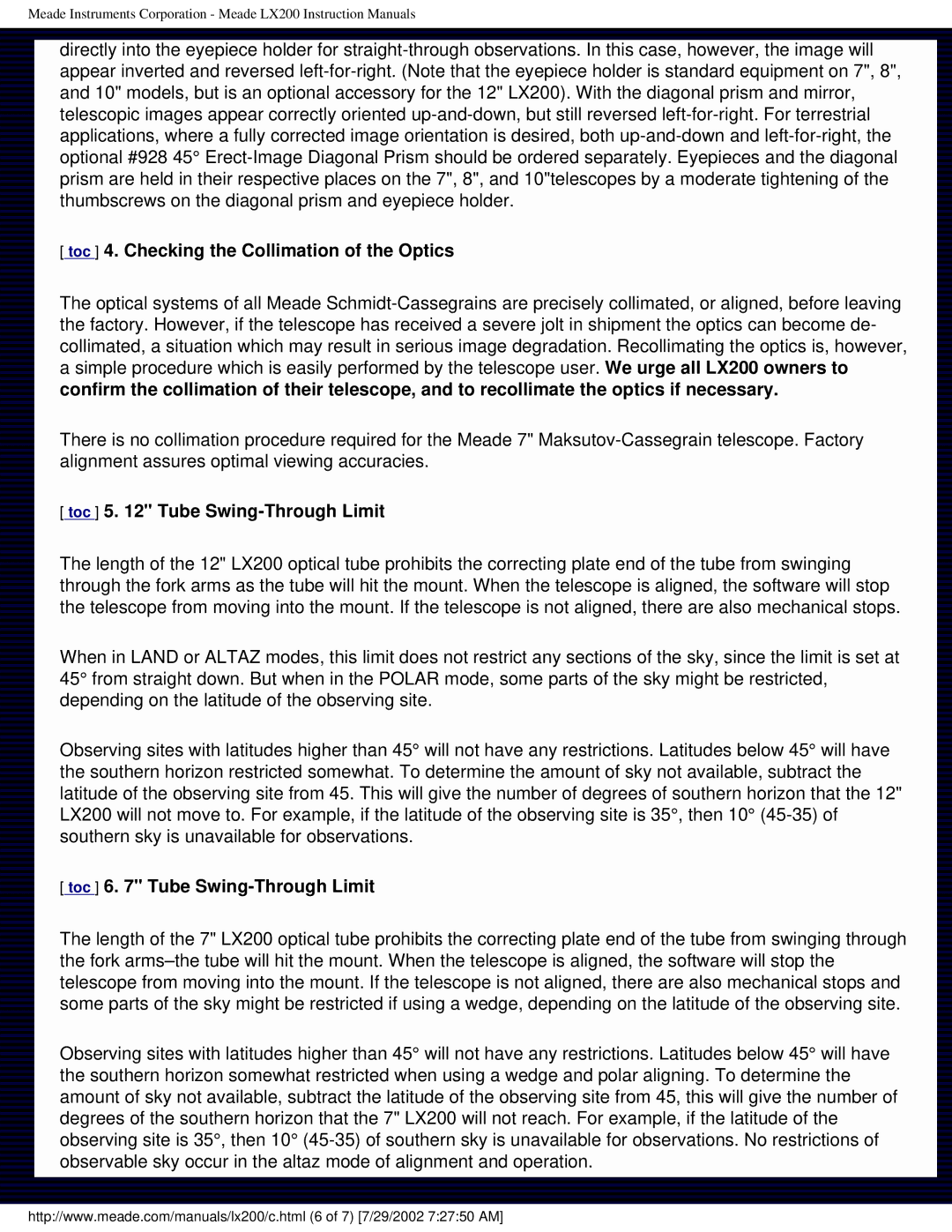 Meade LX200 Toc 4. Checking the Collimation of the Optics, Toc 5 Tube Swing-Through Limit, Toc 6 Tube Swing-Through Limit 