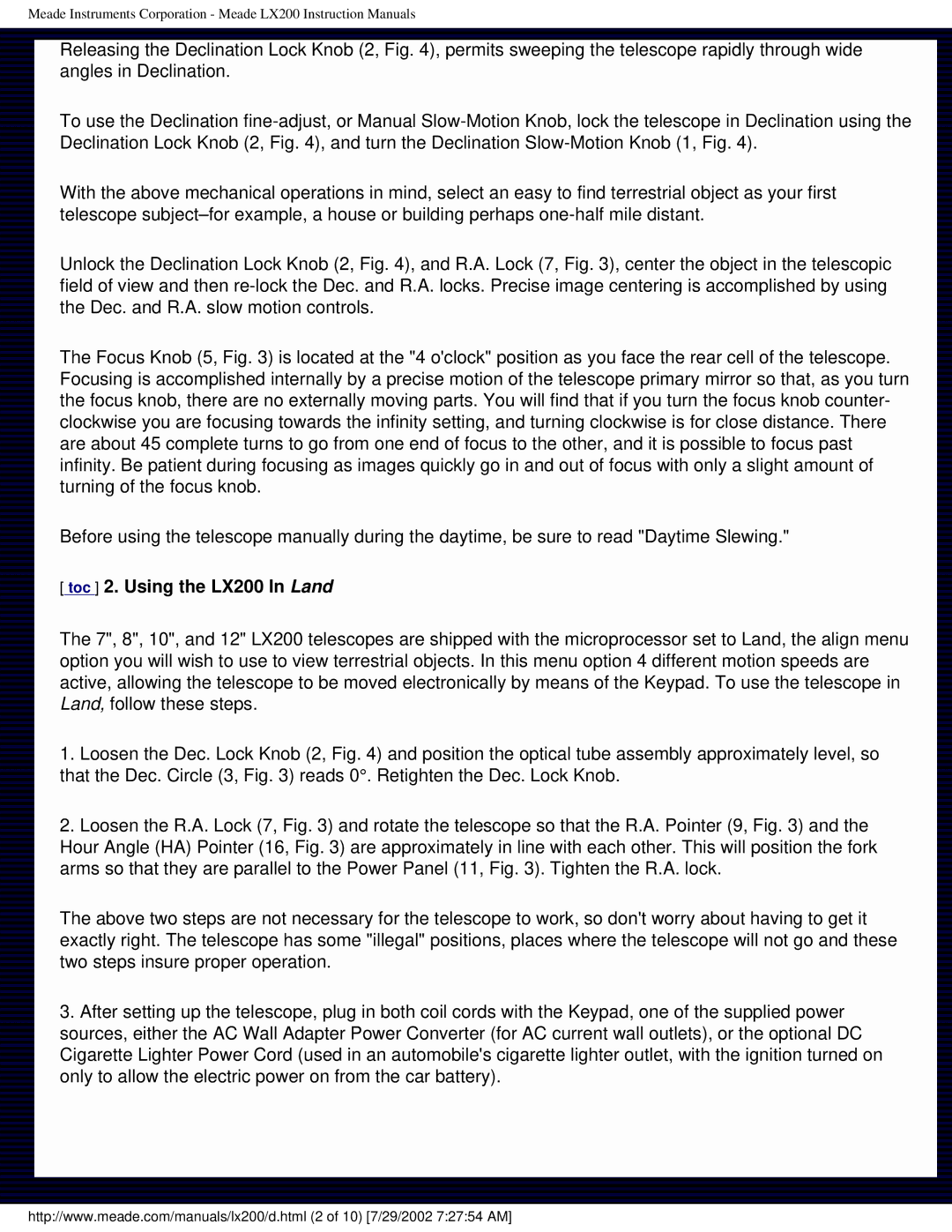 Meade instruction manual Toc 2. Using the LX200 In Land 