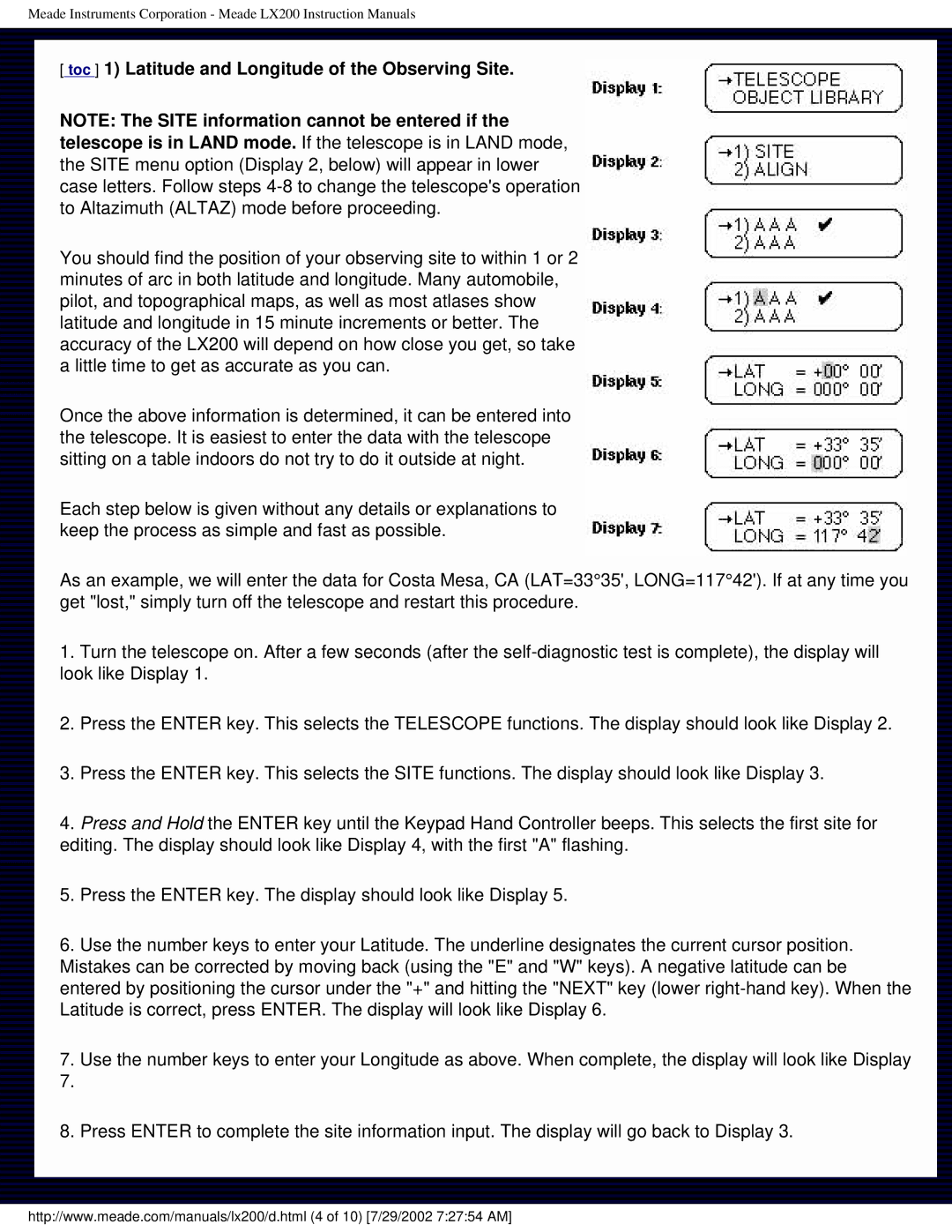 Meade LX200 instruction manual Toc 1 Latitude and Longitude of the Observing Site 