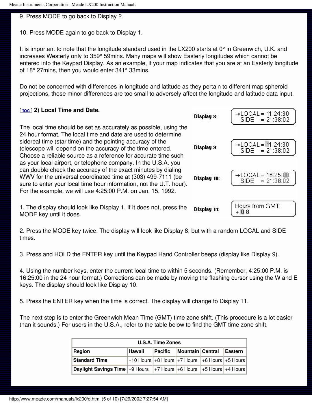 Meade LX200 instruction manual Toc 2 Local Time and Date 