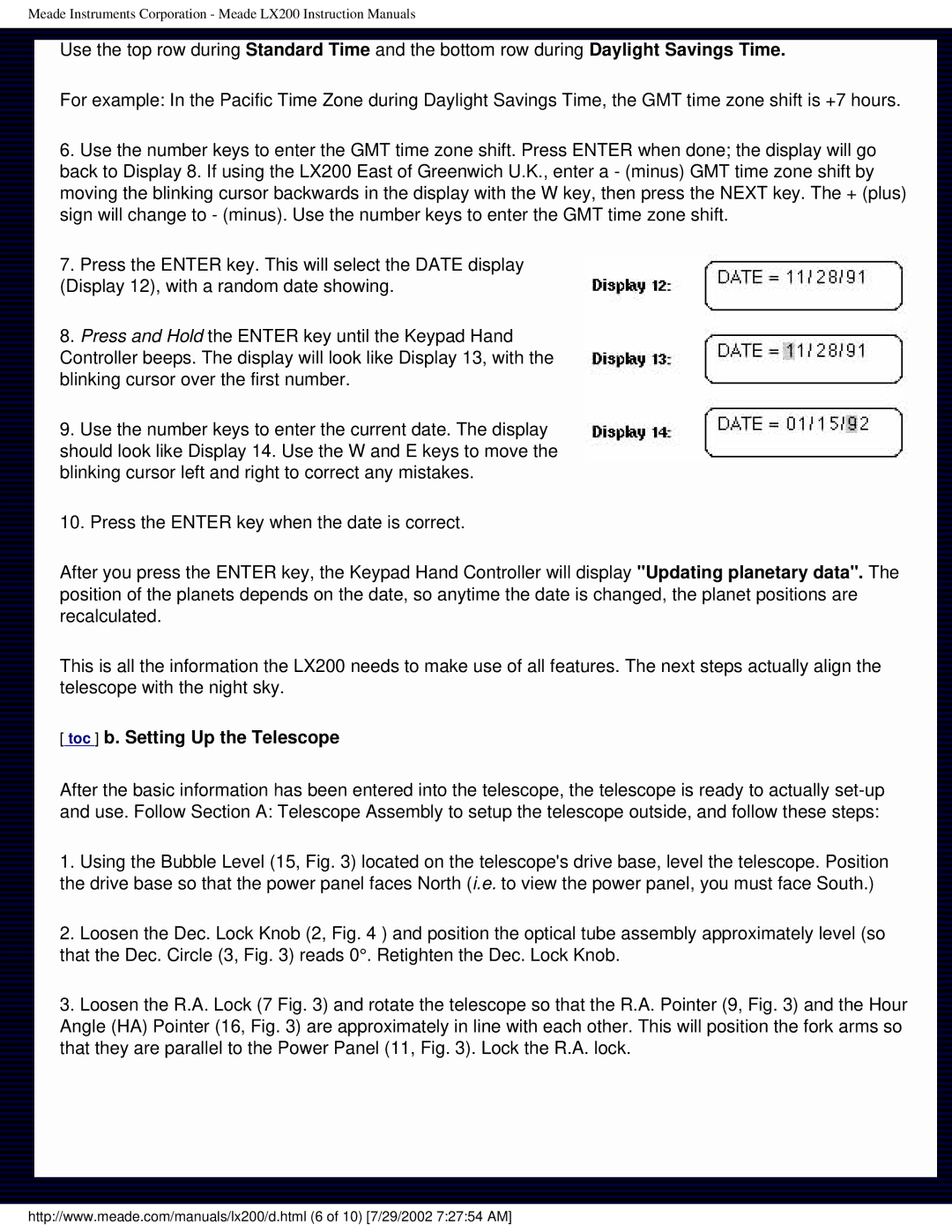 Meade LX200 instruction manual Toc b. Setting Up the Telescope 