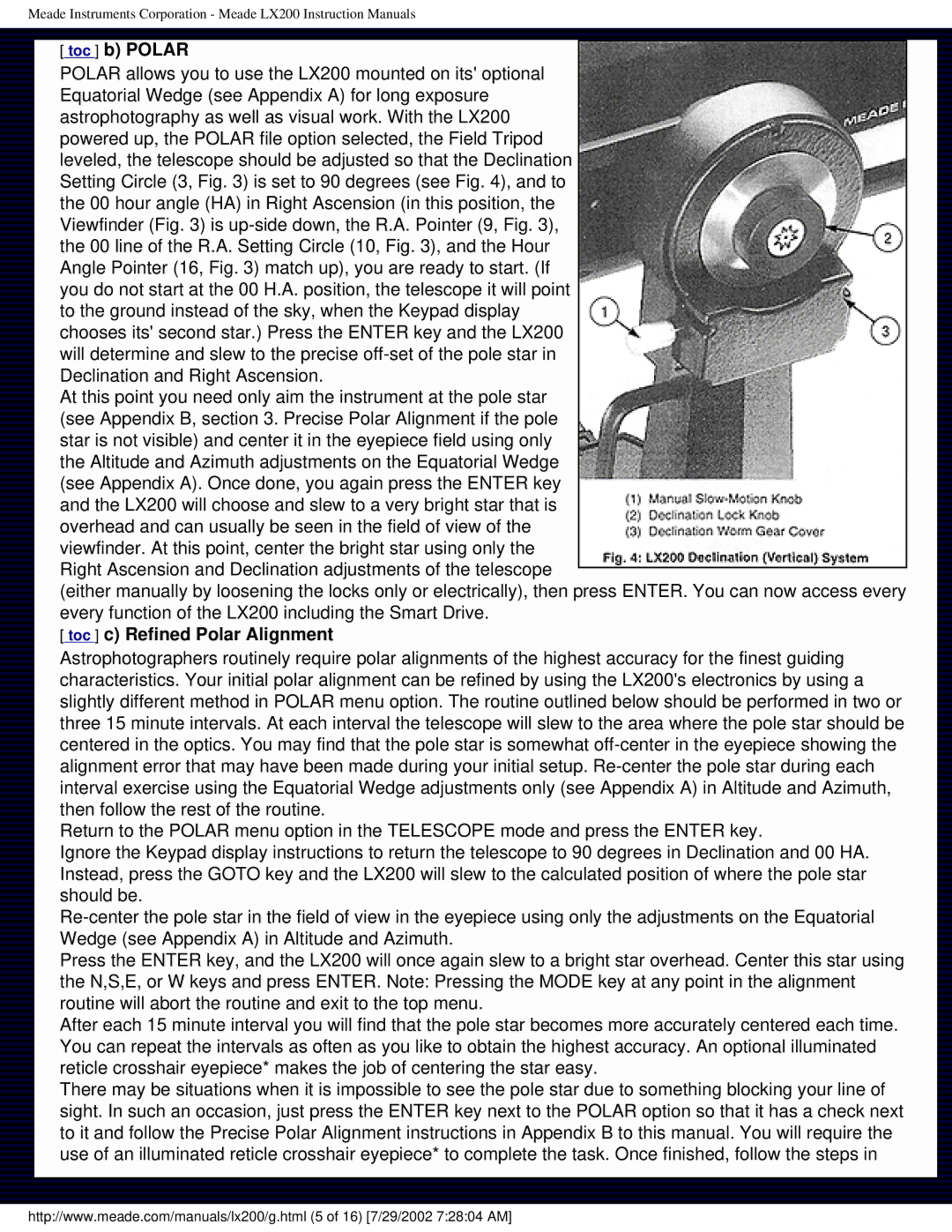 Meade LX200 instruction manual Toc b Polar, Toc c Refined Polar Alignment 