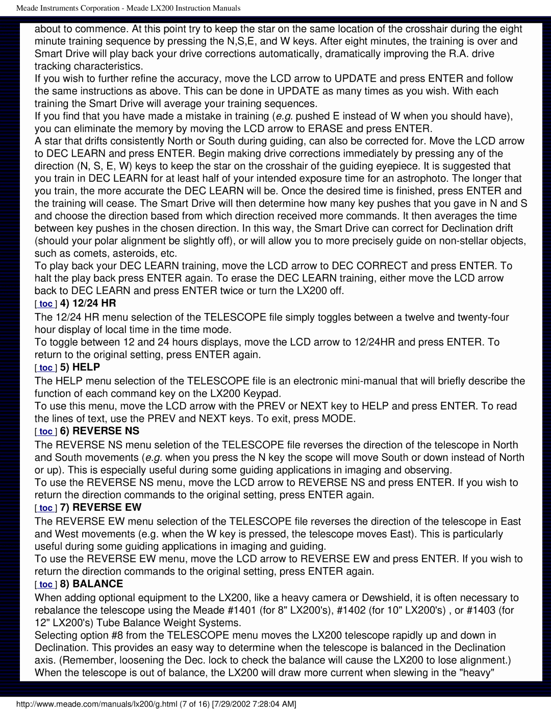 Meade LX200 instruction manual Toc 4 12/24 HR, Toc 5 Help, Toc 6 Reverse NS, Toc 7 Reverse EW, Toc 8 Balance 