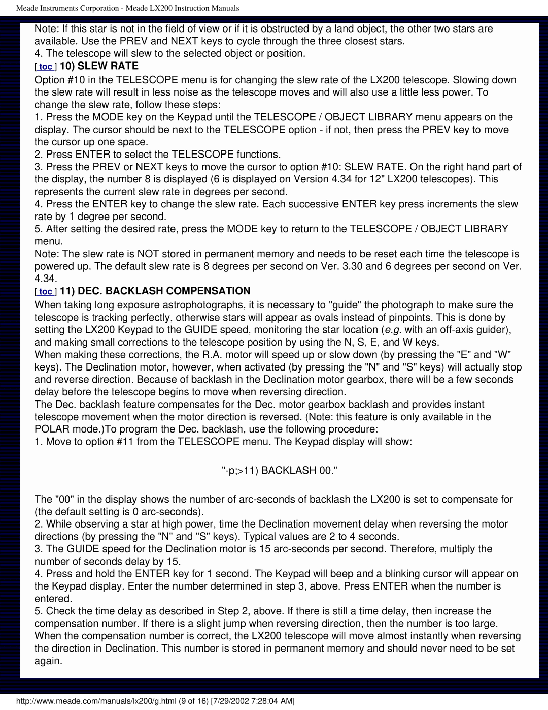 Meade LX200 instruction manual Toc 11 DEC. Backlash Compensation 