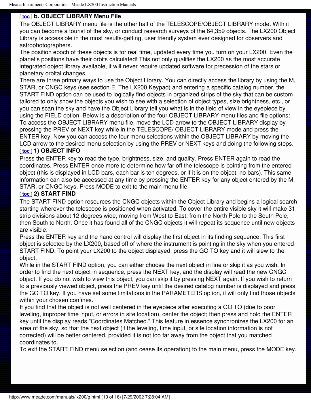 Meade LX200 instruction manual Toc b. Object Library Menu File, Toc 2 Start Find 