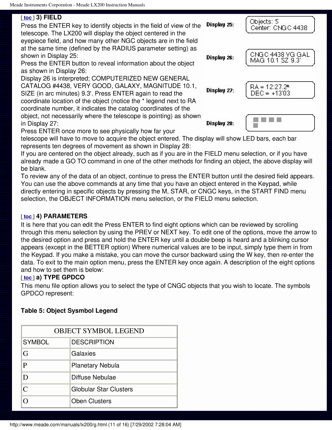 Meade LX200 instruction manual Toc 3 Field, Toc 4 Parameters, Toc a Type Gpdco, Object Sysmbol Legend 