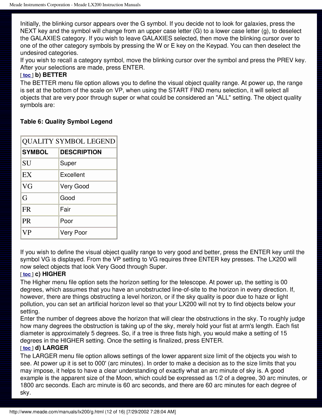 Meade LX200 instruction manual Toc b Better, Quality Symbol Legend, Toc c Higher, Toc d Larger 