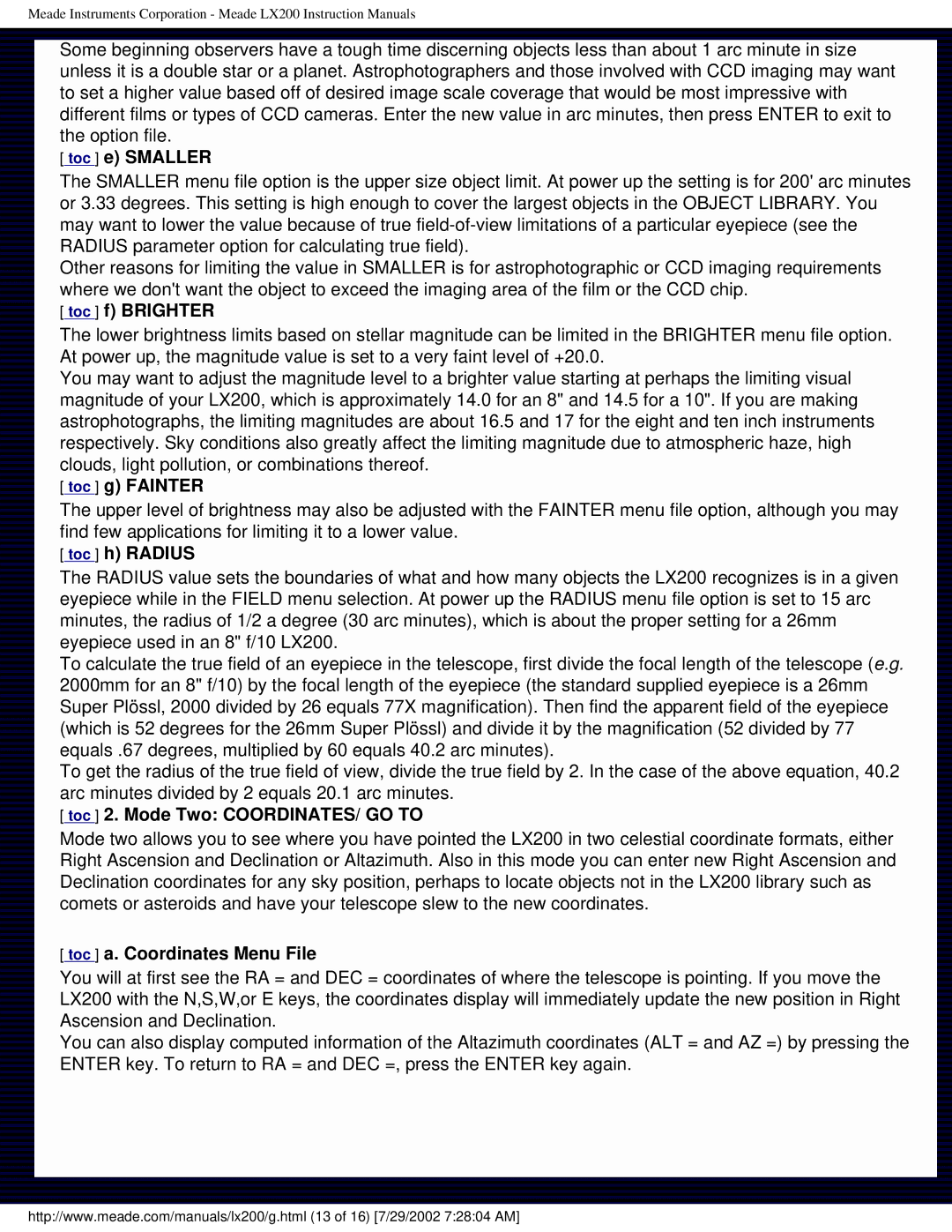 Meade LX200 Toc e Smaller, Toc f Brighter, Toc g Fainter, Toc h Radius, Toc 2. Mode Two COORDINATES/ GO to 